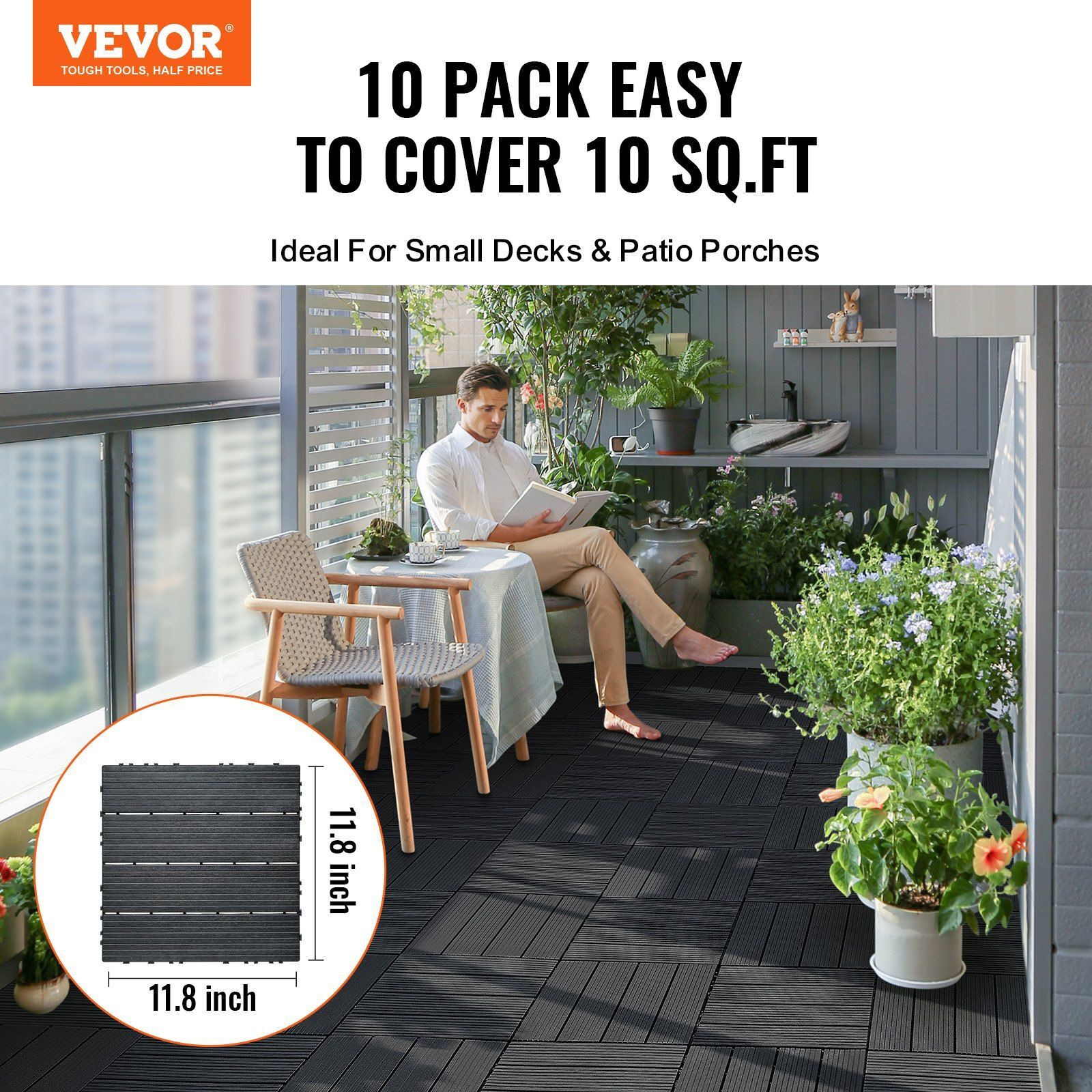 VEVOR Interlocking Deck Tiles 10 Pack 12&quotx12" Plastic for Porch Dark Grey