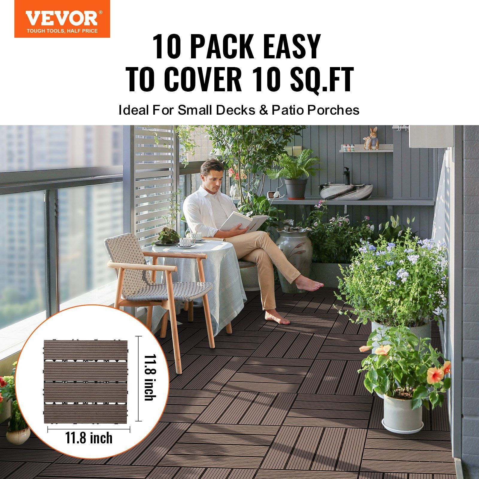 VEVOR Interlocking Deck Tiles Plastic Wood 10 Pack 12&quotx12" Waterproof for Porch