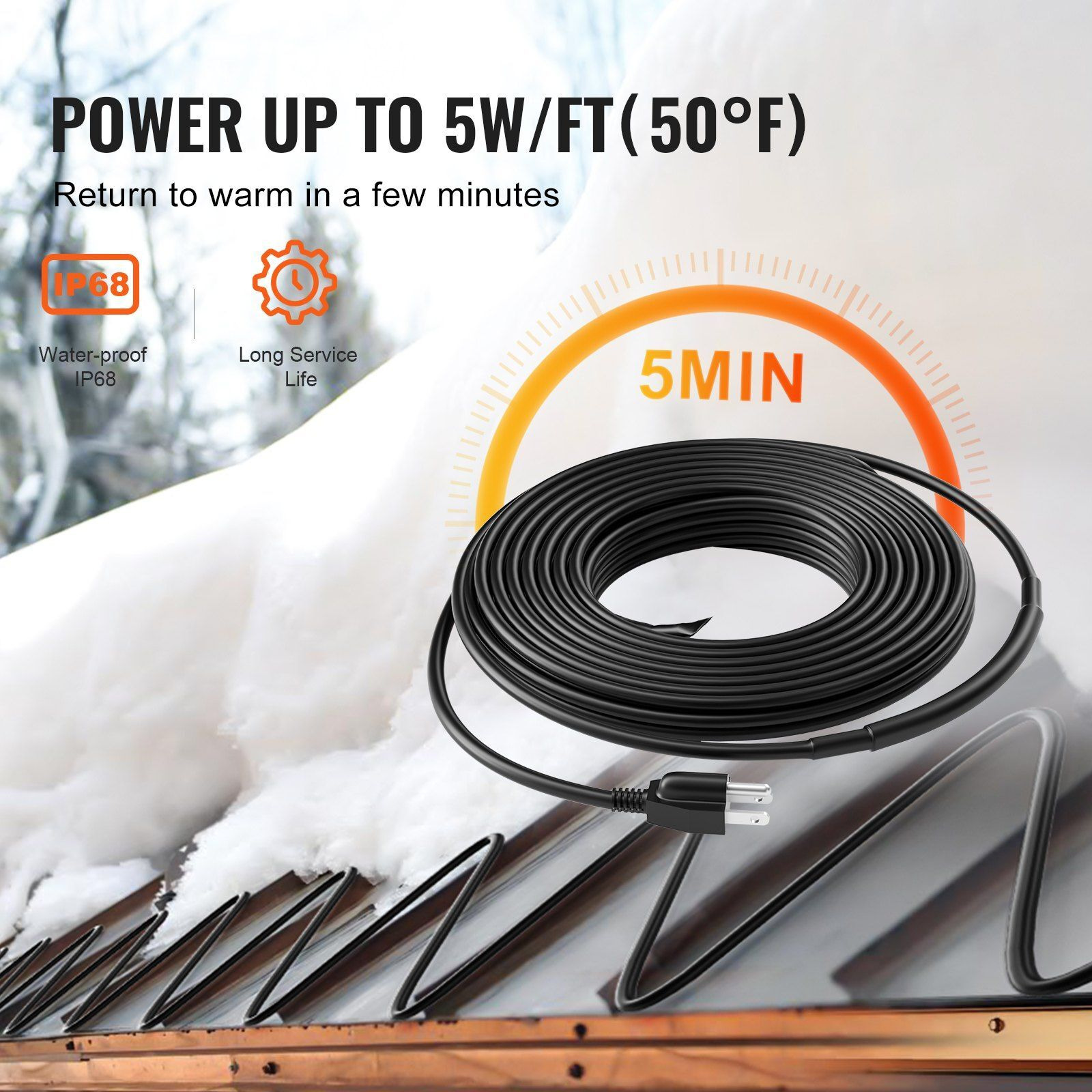 Self-Regulating Pipe Heating Cable 12FT 5W/FT Heat Tape for Pipes Roof