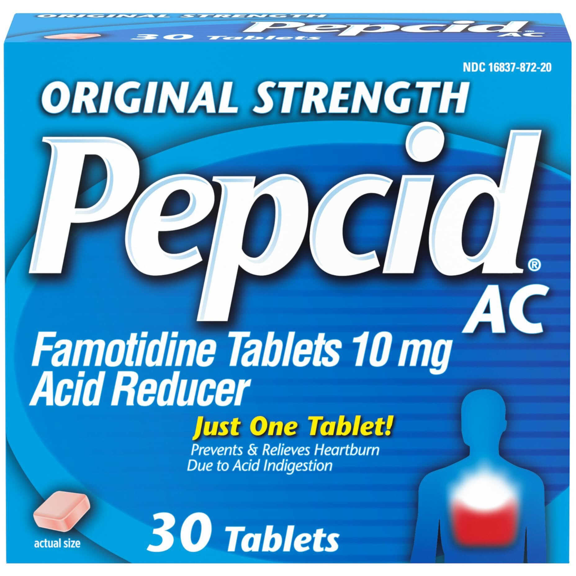 Pepcid AC Original Strength Heartburn Relief Tablets, Prevents & Relieves Heartburn Due to Acid Indigestion & Sour Stomach, 10 mg Famotidine to Reduce & Control Acid, Fast-Acting, 30 Ct