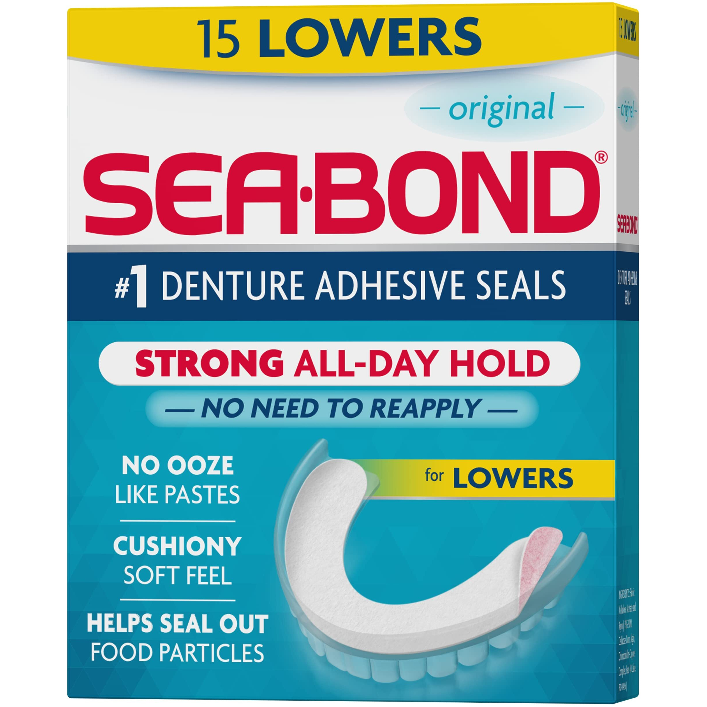 Sea Bond Secure Denture Adhesive Seals, Original Lowers, Zinc-Free, All-Day-Hold, Mess-Free, 15 Count (Pack of 1)