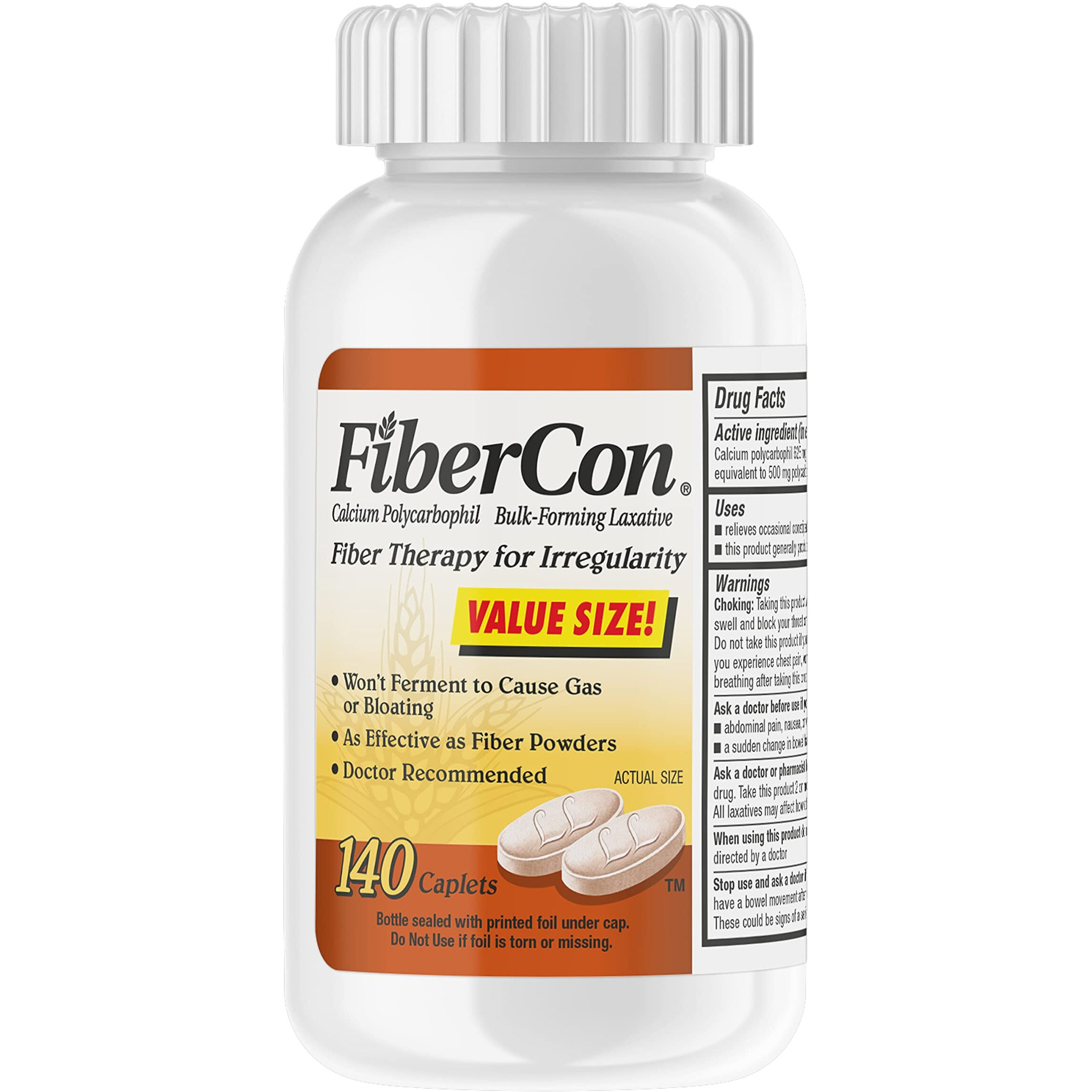 FiberCon Fiber Therapy Coated Caplets, Safe, Simple & Comfortable Insoluble Fiber for Bowel Irregularity, Comfortable Constipation Relief with No Gas or Bloating, 140 Caplets