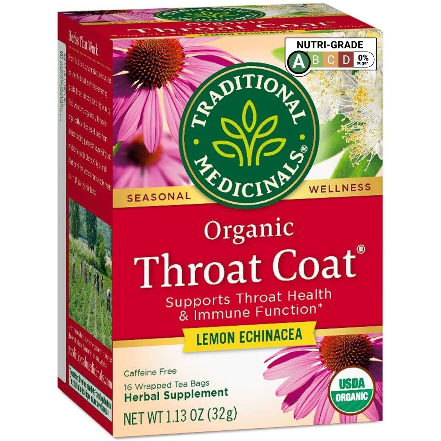 Traditional Medicinals Organic Throat Coat Lemon Echinacea Herbal Tea, Supports Throat Health, (Pack of 1) - 16 Tea Bags