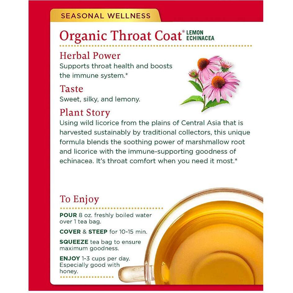 Traditional Medicinals Organic Throat Coat Lemon Echinacea Herbal Tea, Supports Throat Health, (Pack of 1) - 16 Tea Bags