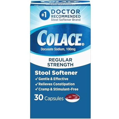 Colace Regular Strength Stool Softener for Gentle Effective Constipation Relief, 1 Doctor Recommended Stool Softener Brand, 100 mg Docusate Capsules, 30 Count