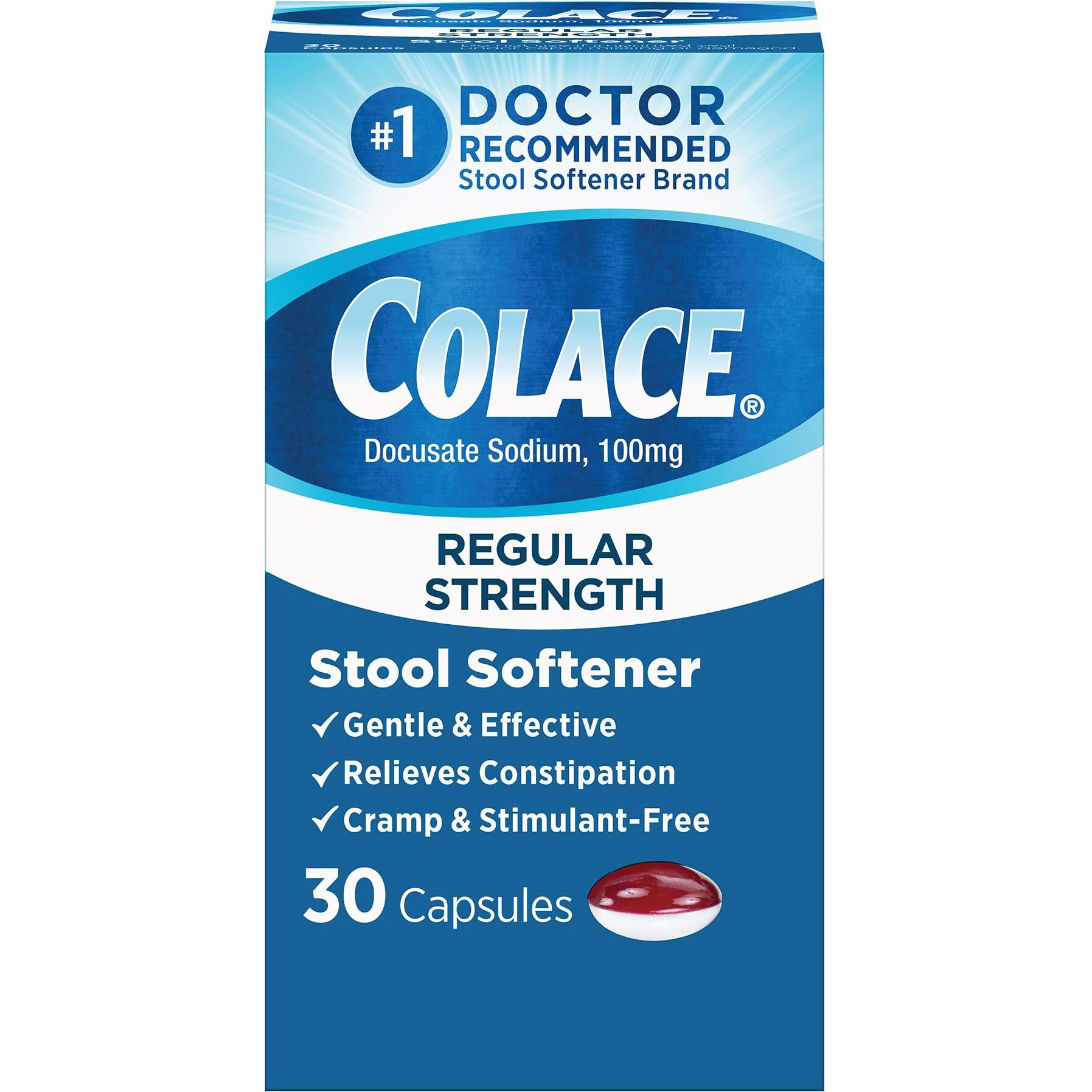 Colace Regular Strength Stool Softener for Gentle Effective Constipation Relief, 1 Doctor Recommended Stool Softener Brand, 100 mg Docusate Capsules, 30 Count