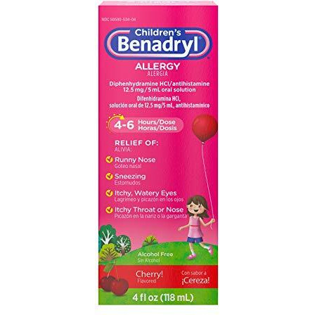 Benadryl Children's Allergy Relief Liquid Medicine with Diphenhydramine HCl, Kids' Allergy Syrup for Allergy Symptoms Like Runny Nose, Itchy Eyes & More, Cherry Flavor, 4 fl. oz