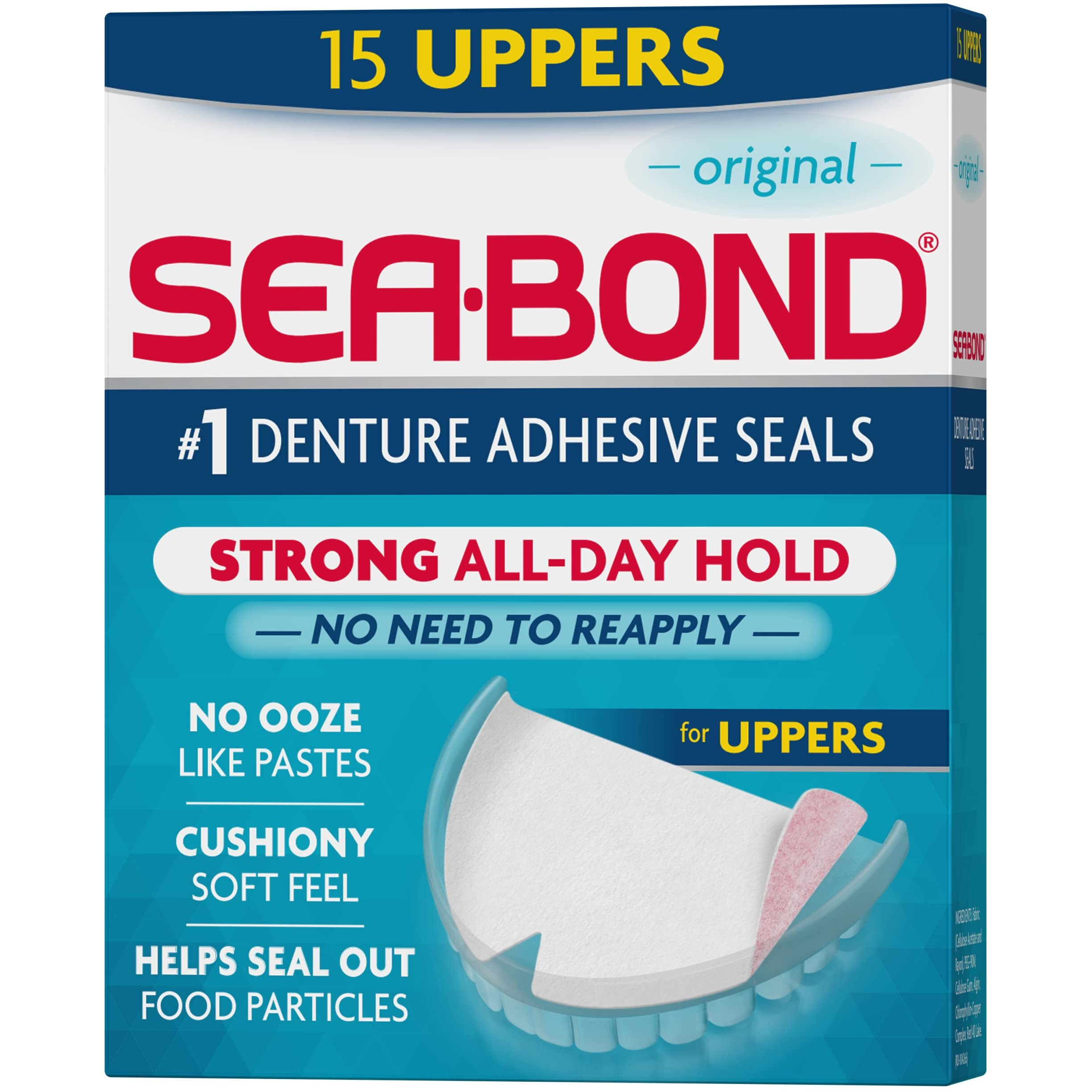 Sea Bond Secure Denture Adhesive Seals, Original Uppers, Zinc-Free, All-Day-Hold, Mess-Free, 15 Count (Pack of 1)