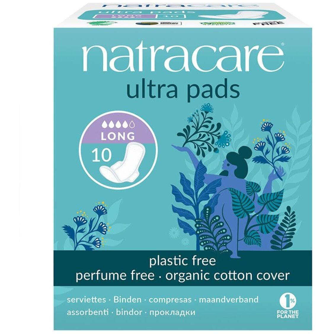 Natracare Slim Fitting Ultra Pads with Wings, Long, Made with Certified Organic Cotton, Ecologically Certified Cellulose Pulp and Plant Starch (1 Pack, 10 Pads Total)