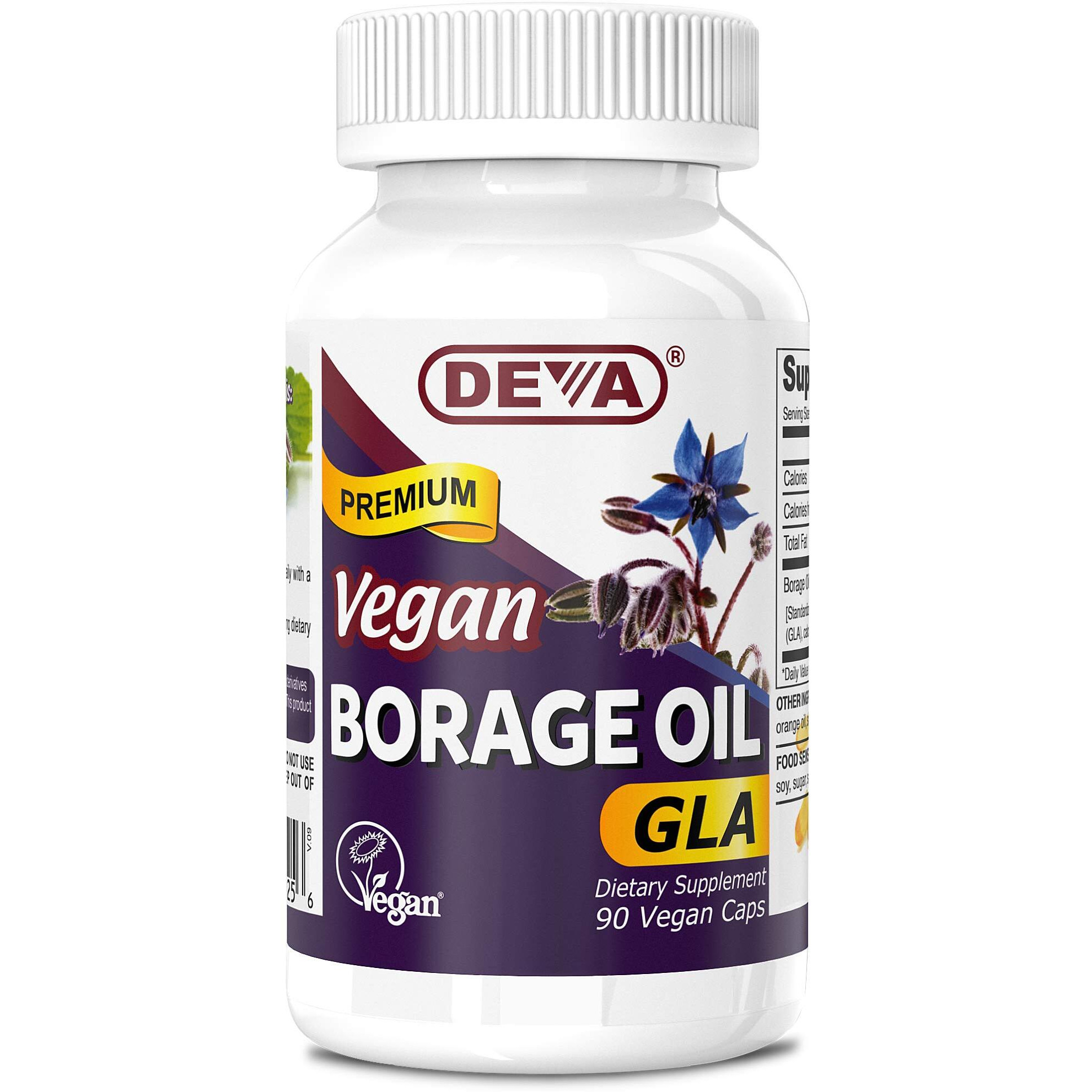 DEVA Vegan Vitamins, Borage Oil 500mg, Rich Source of Omega-6 Fatty Acid GLA (Gamma linolenic Acid), Cold-Pressed & Unrefined, 90 Tablets, 1-Pack