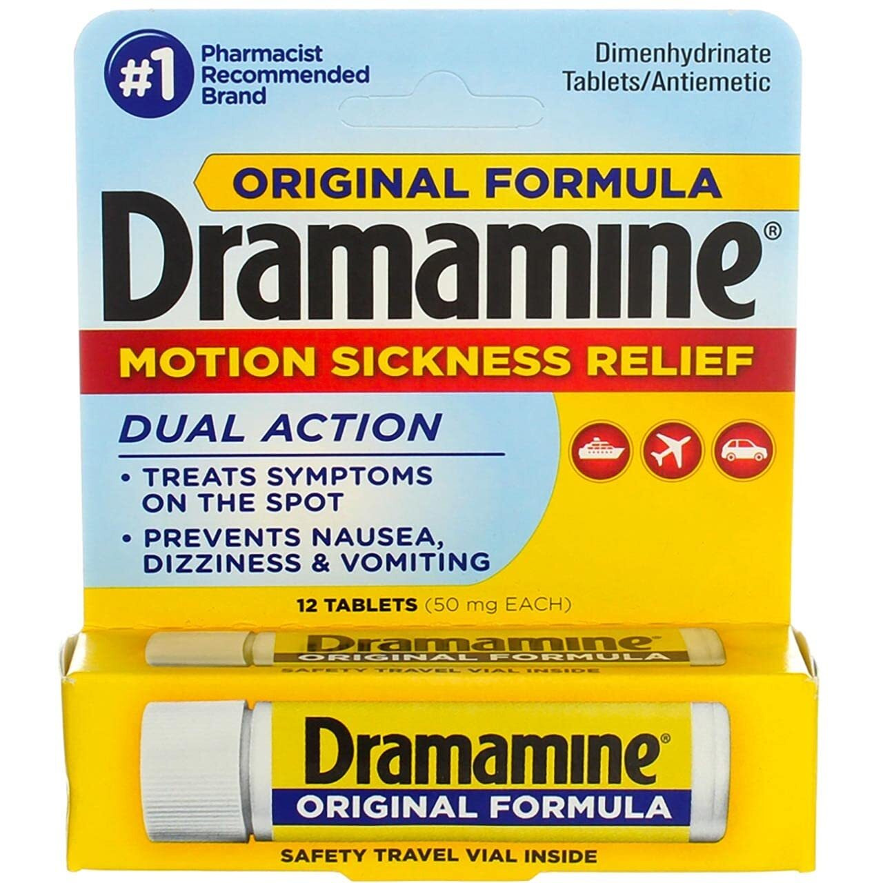 Dramamine Motion Sickness Relief, Original Formula, Fast Acting, (50 mg), 36-Count Tablets (Pack of 2)