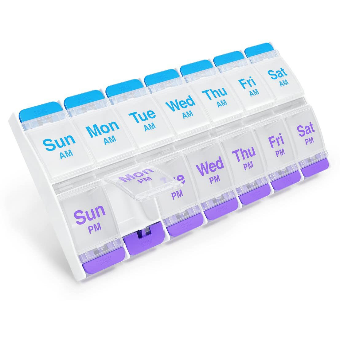 EZY DOSE Push Button (7-Day) Pill Case, Medicine Planner, Vitamin Organizer, 2 Times a Day AM/PM, Large Compartments, Arthritis Friendly, Clear Lids, Purple/Blue