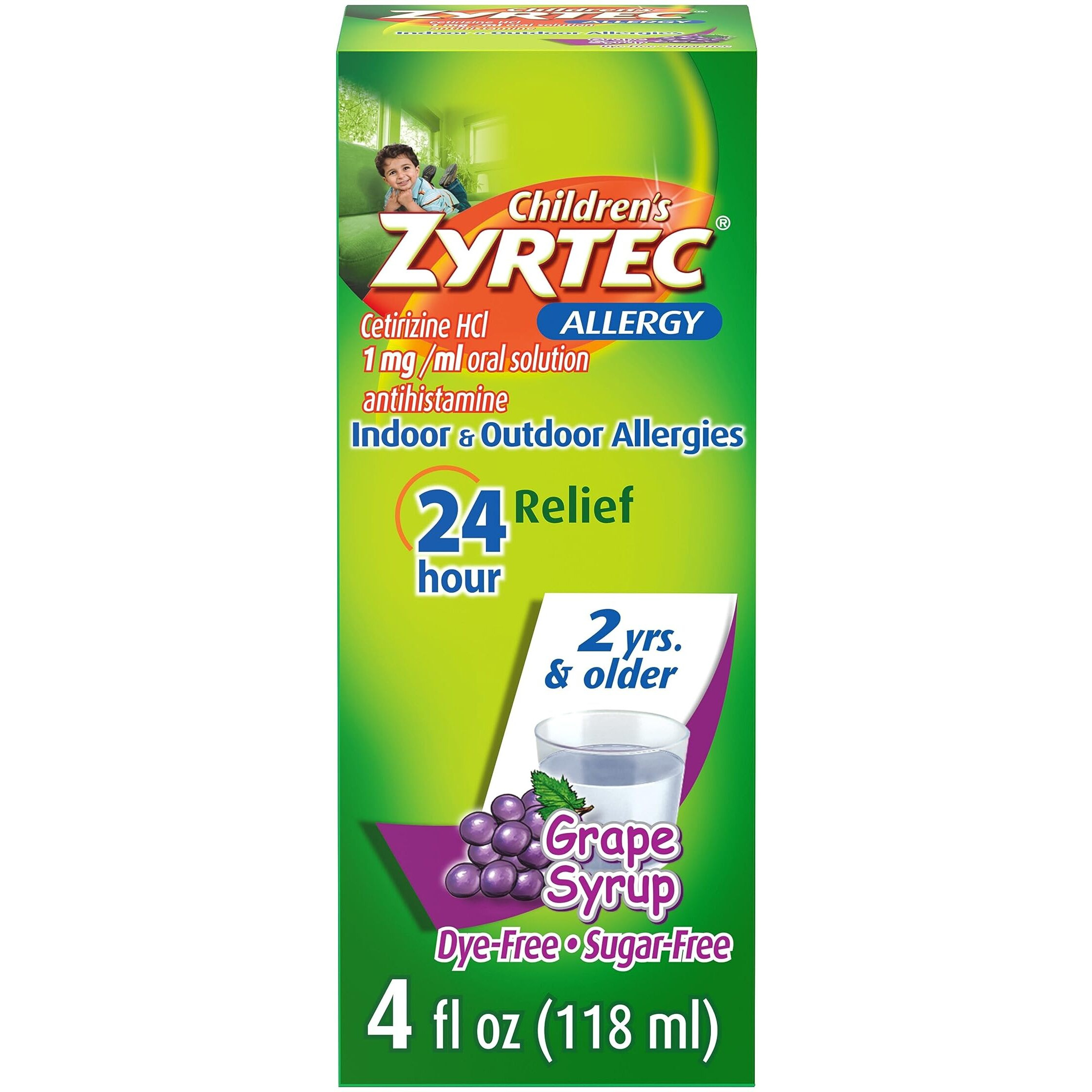 Children's Zyrtec 24 Hour Allergy Relief Syrup, 5 mg Cetirizine HCl Antihistamine, Kids Allergy Medicine for Indoor & Outdoor Allergy Relief, Dye-Free & Sugar-Free, Grape, 4 fl. oz
