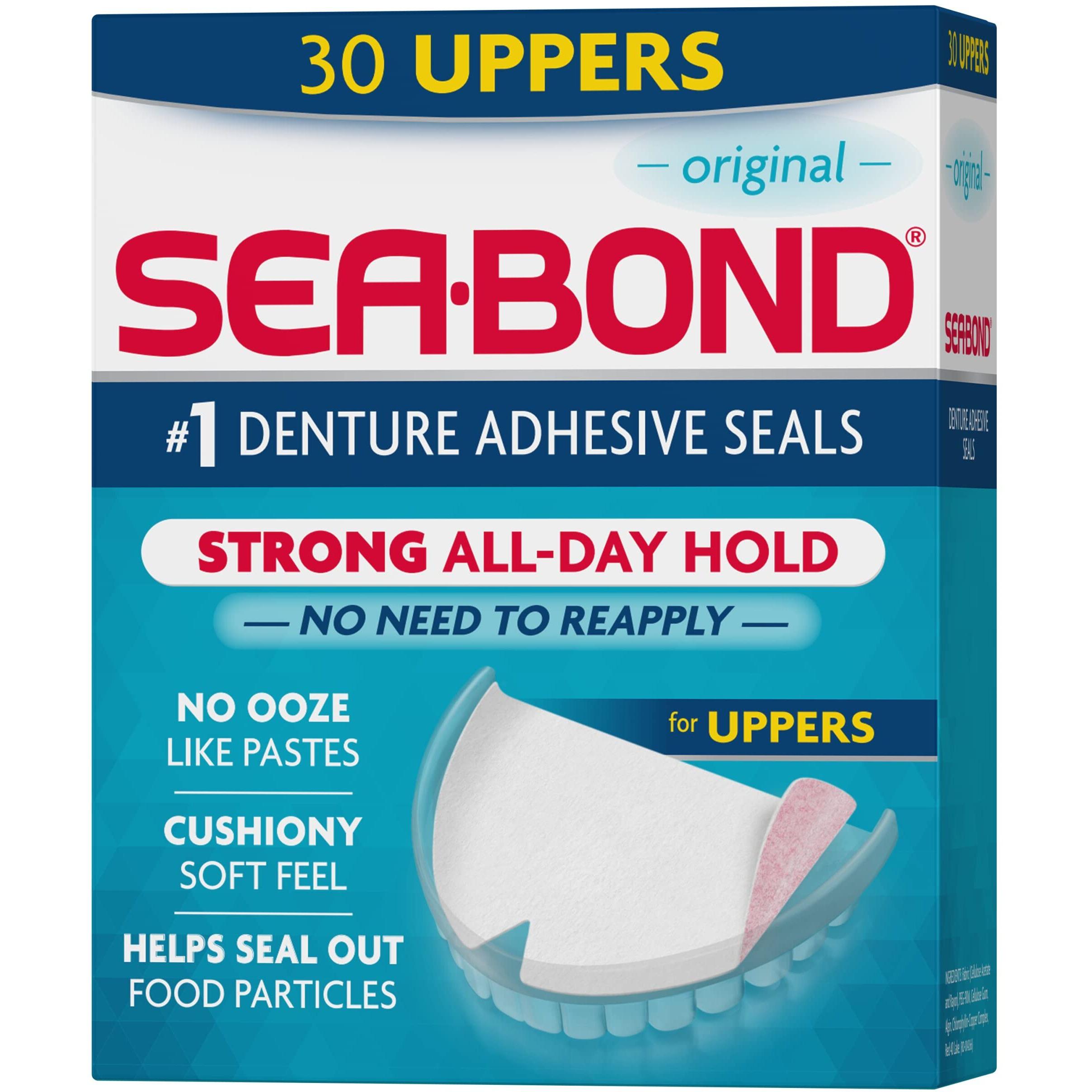 Sea Bond Secure Denture Adhesive Seals, Original Uppers, Zinc-Free, All-Day-Hold, Mess-Free, 30 Count (Pack of 1)