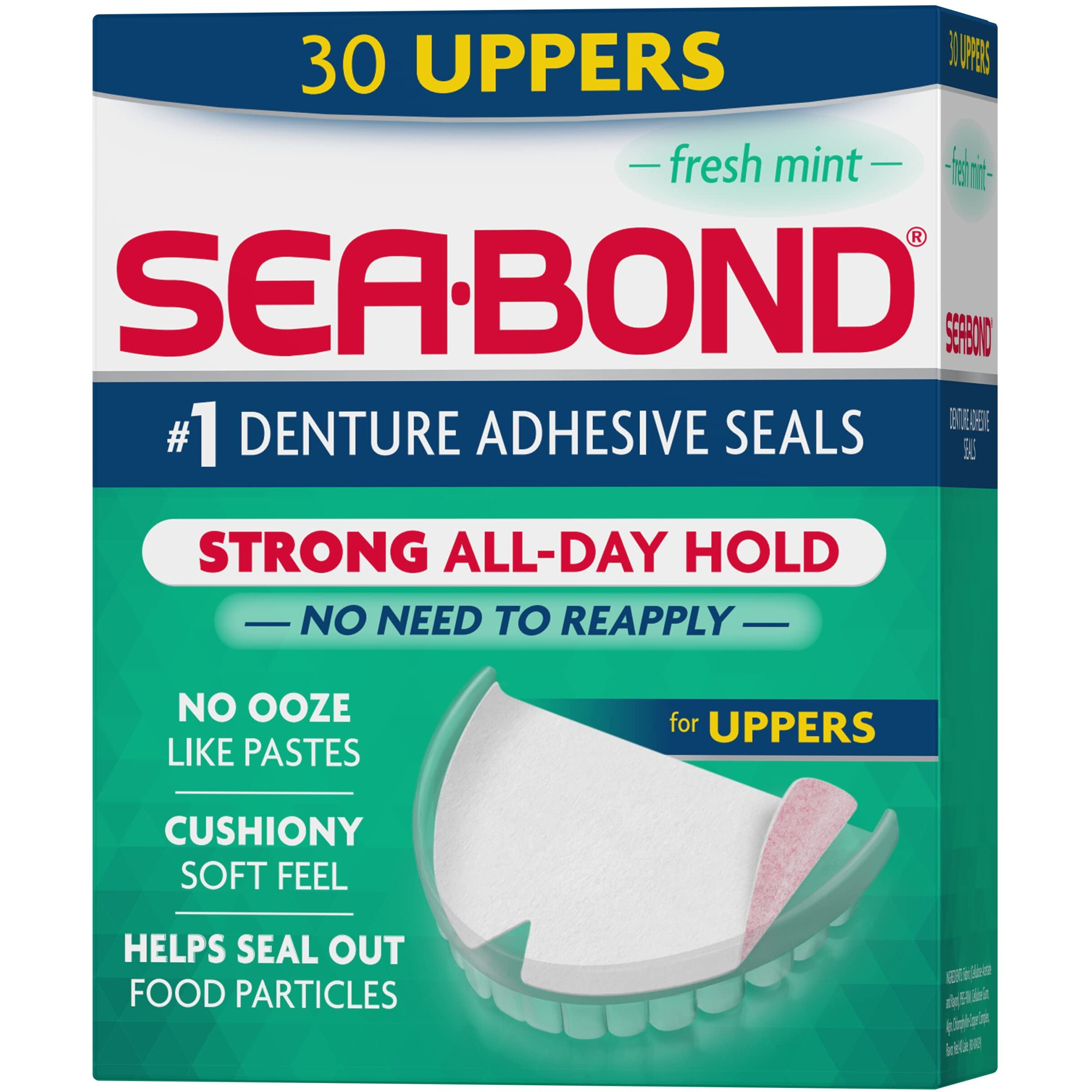 Sea Bond Secure Denture Adhesive Seals, Fresh Mint Uppers, Zinc-Free, All-Day-Hold, Mess-Free, 30 Count (Pack of 1)