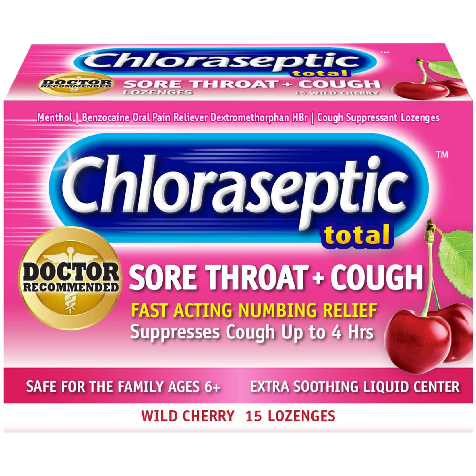 Chloraseptic Total Sore Throat + Cough Lozenges, Wild Cherry, 15 Count, 1 Pack