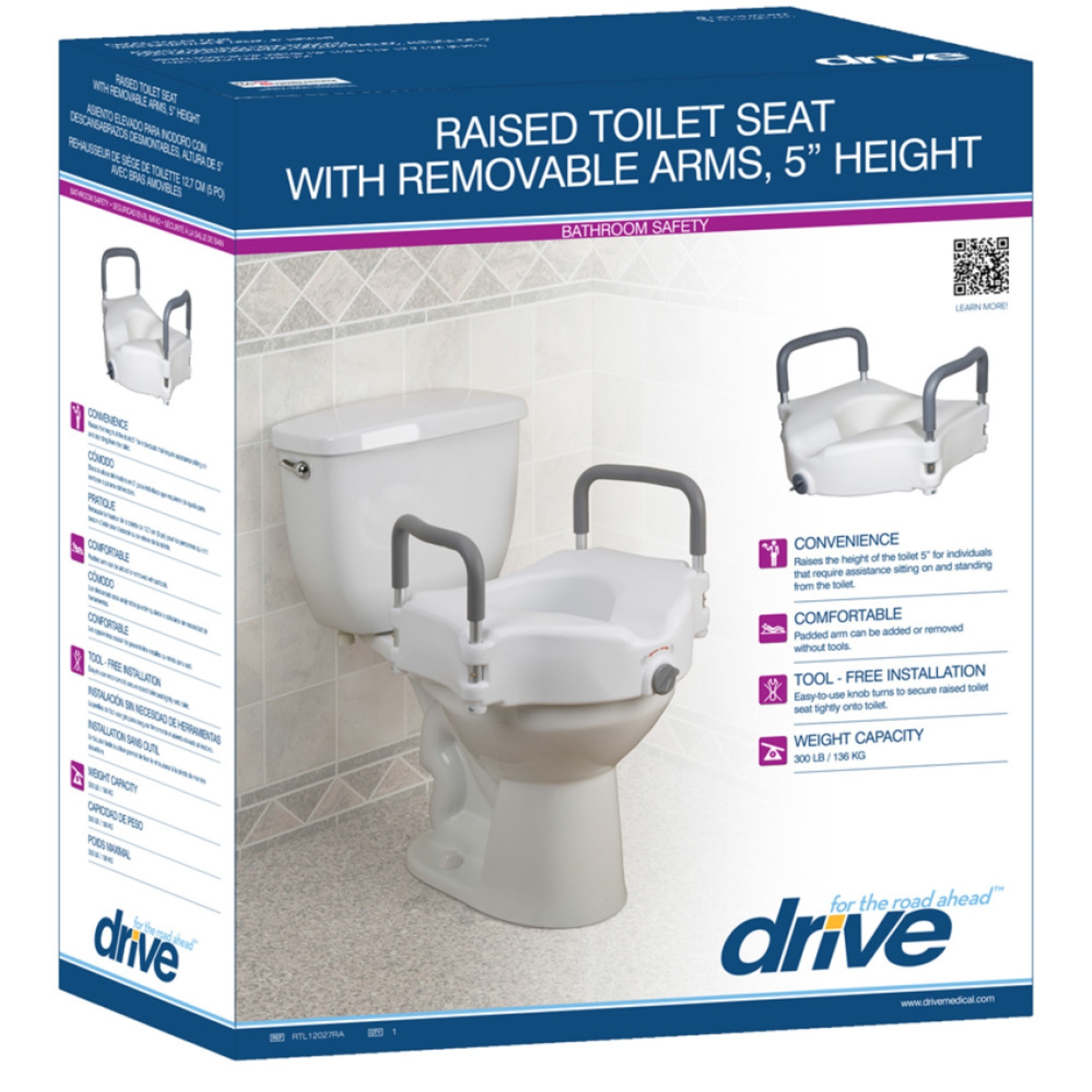 Elevated Raised Toilet Seat with Removable Padded Arms, Standard Seat