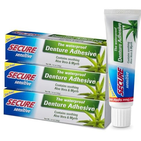 Secure Sensitive Denture Adhesive with Aloe Vera & Myrrh - 12-Hour Max Hold - Patented Waterproof Seal - for All Denture Types - Food Grade Ingredients - FSA HSA Approved - 1.4 oz