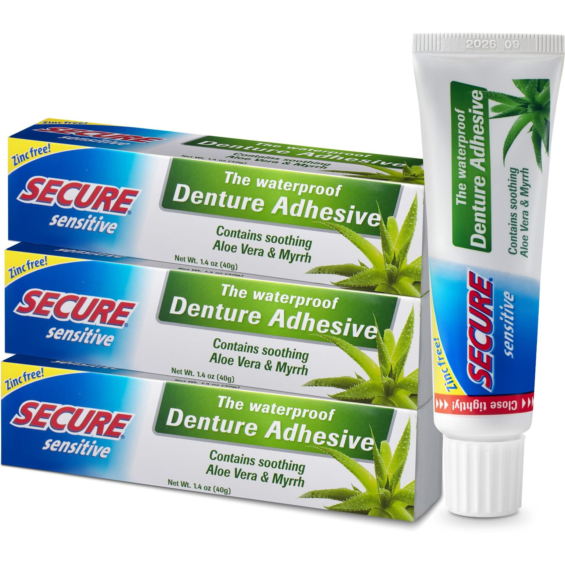Secure Sensitive Denture Adhesive with Aloe Vera & Myrrh - 12-Hour Max Hold - Patented Waterproof Seal - for All Denture Types - Food Grade Ingredients - FSA HSA Approved - 1.4 oz