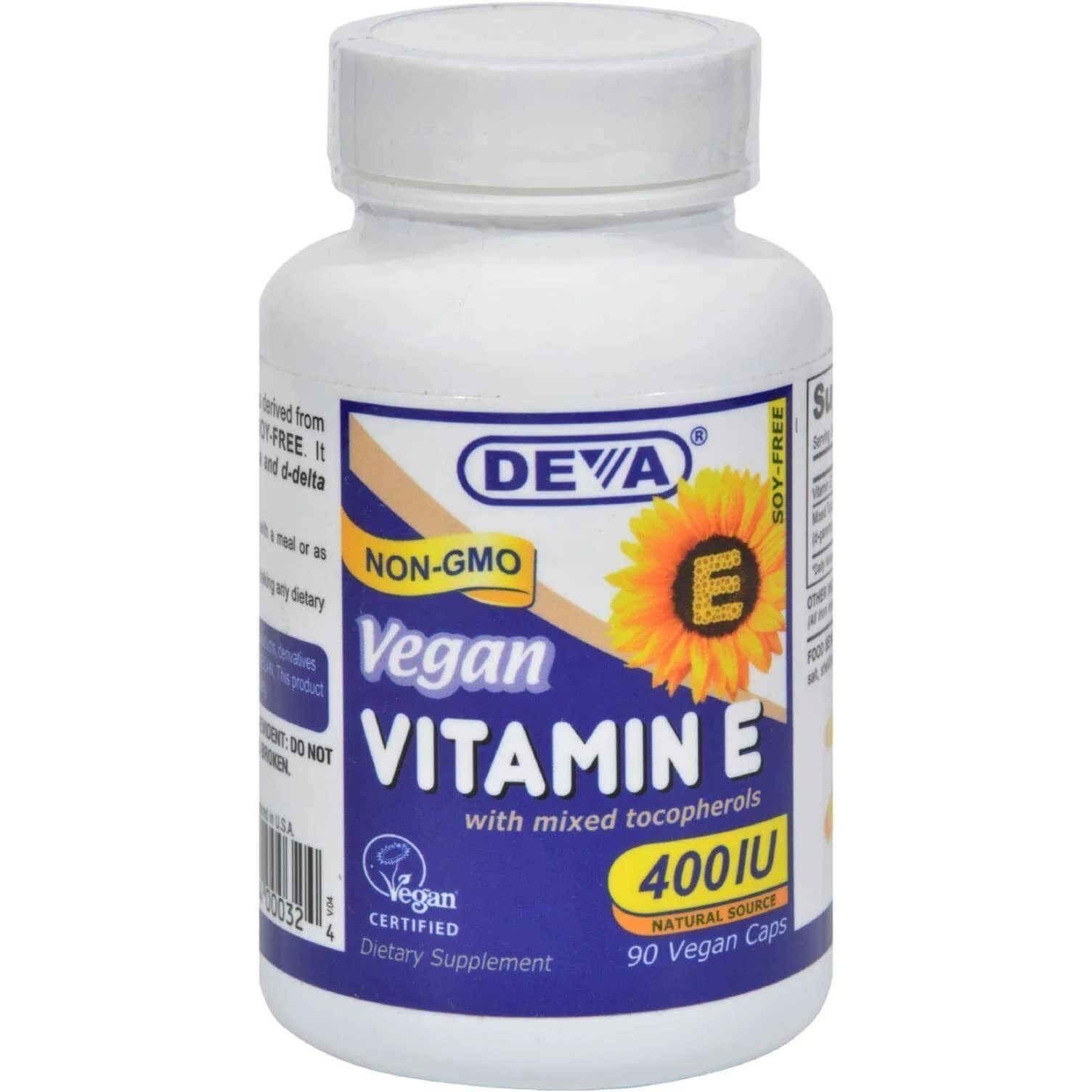 DEVA Vegan Vitamins Vitamin E High Potency 400IU with Mixed Tocopherols, from Non-GMO Sunflowers, 90 Capsules