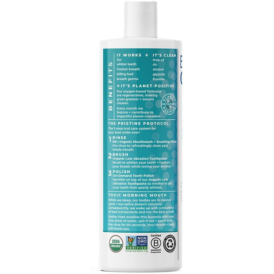 Essential Oxygen Certified BR Organic Brushing Rinse, All Natural Mouthwash for Whiter Teeth, Fresher Breath, and Happier Gums, Alcohol-Free Oral Care, Peppermint, 16 Ounce, Package may vary