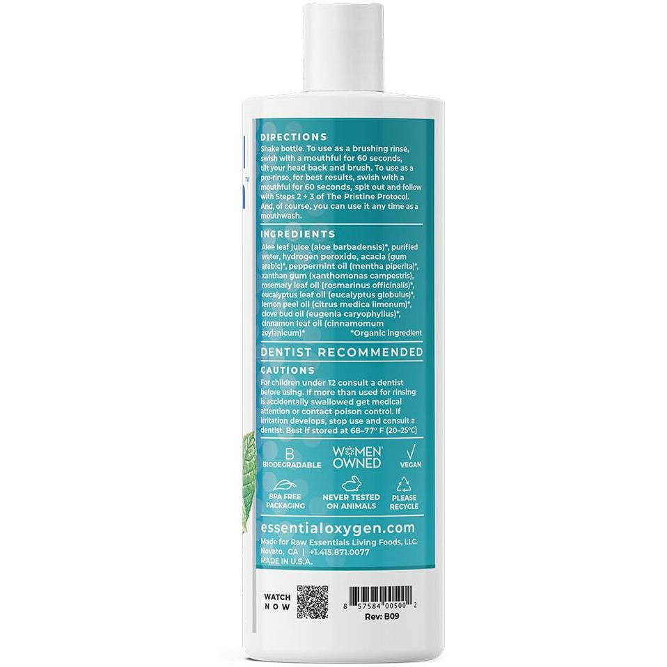 Essential Oxygen Certified BR Organic Brushing Rinse, All Natural Mouthwash for Whiter Teeth, Fresher Breath, and Happier Gums, Alcohol-Free Oral Care, Peppermint, 16 Ounce, Package may vary