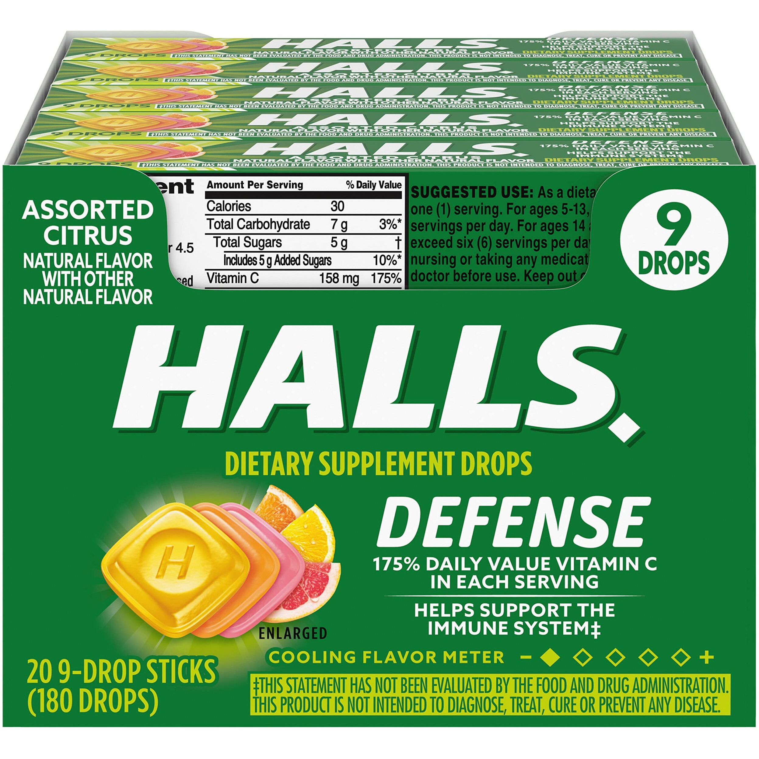 HALLS Defense Assorted Citrus Vitamin C Drops, 20 Sticks of 9 Drops (180 Total Drops)