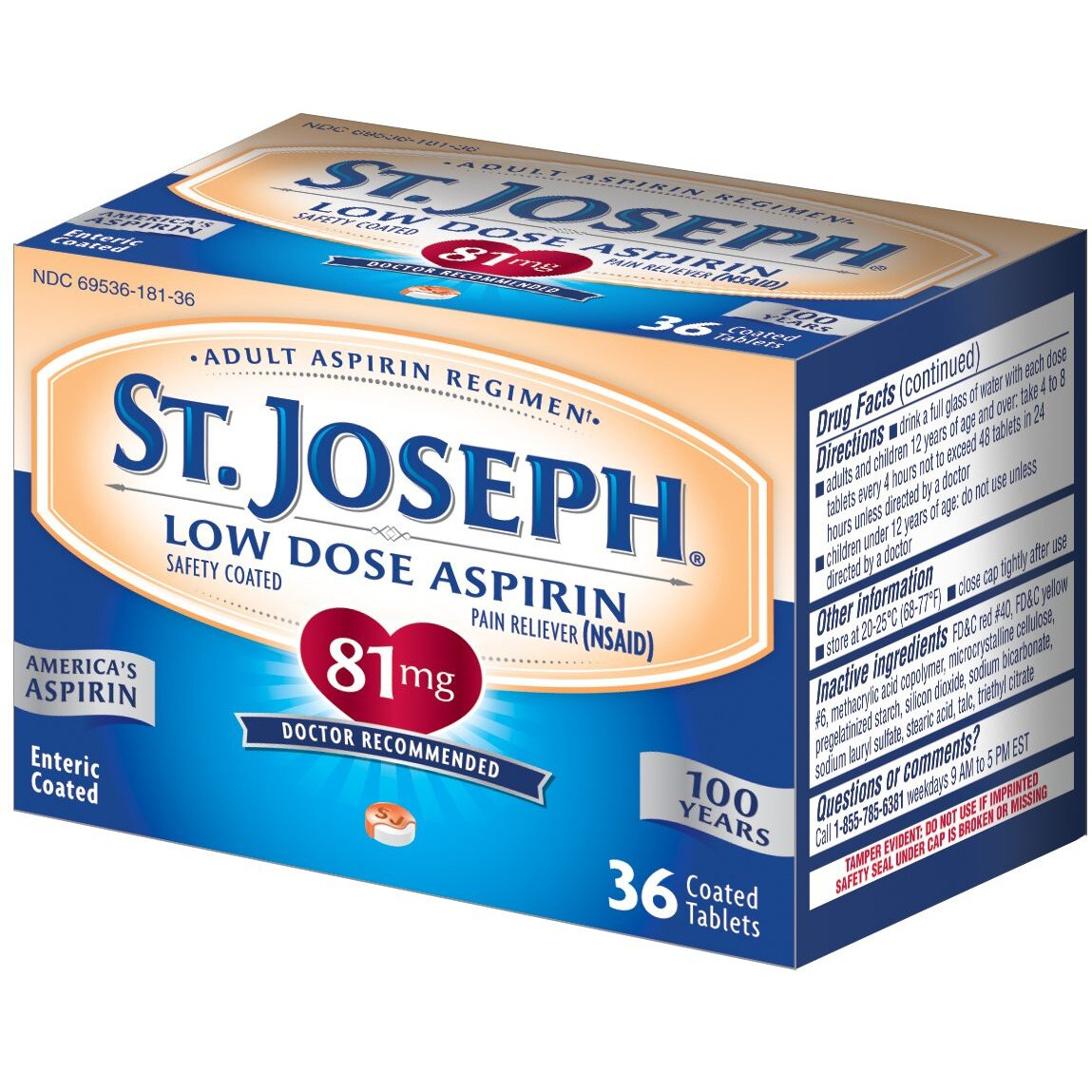 St. Joseph Aspirin Pain Reliever (NSAID) 81mg, Enteric Safety Coated, Adult Low Dose Regimen, 36 ct