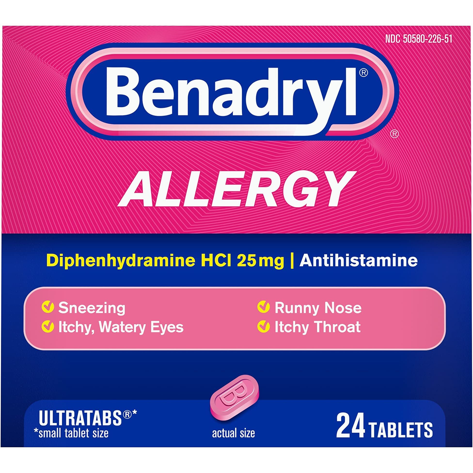 Benadryl Ultratabs Antihistamine Allergy Relief Tablets, Diphenhydramine HCl 25mg, 24 ct (Pack of 2)