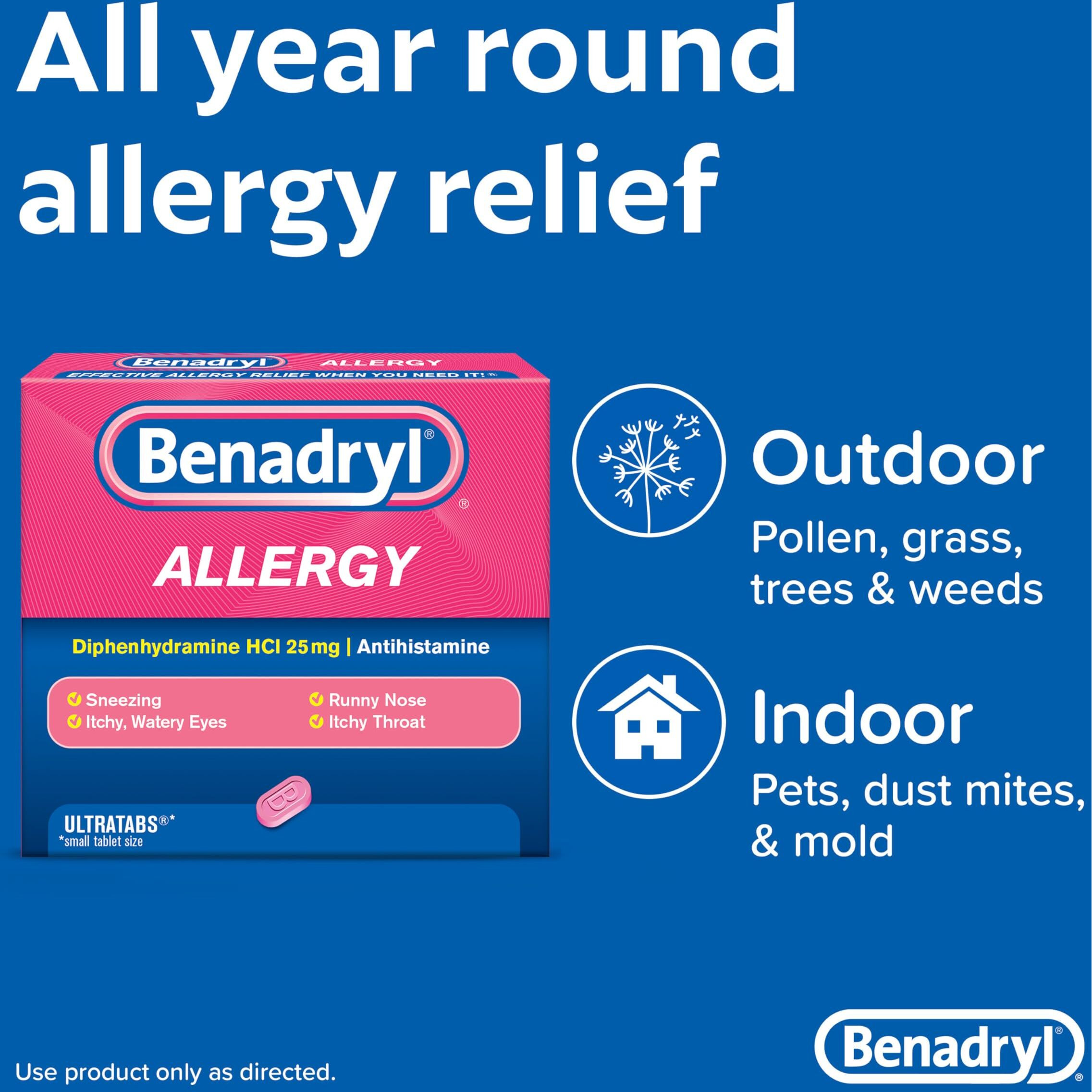 Benadryl Ultratabs Antihistamine Allergy Relief Tablets, Diphenhydramine HCl 25mg, 24 ct (Pack of 2)