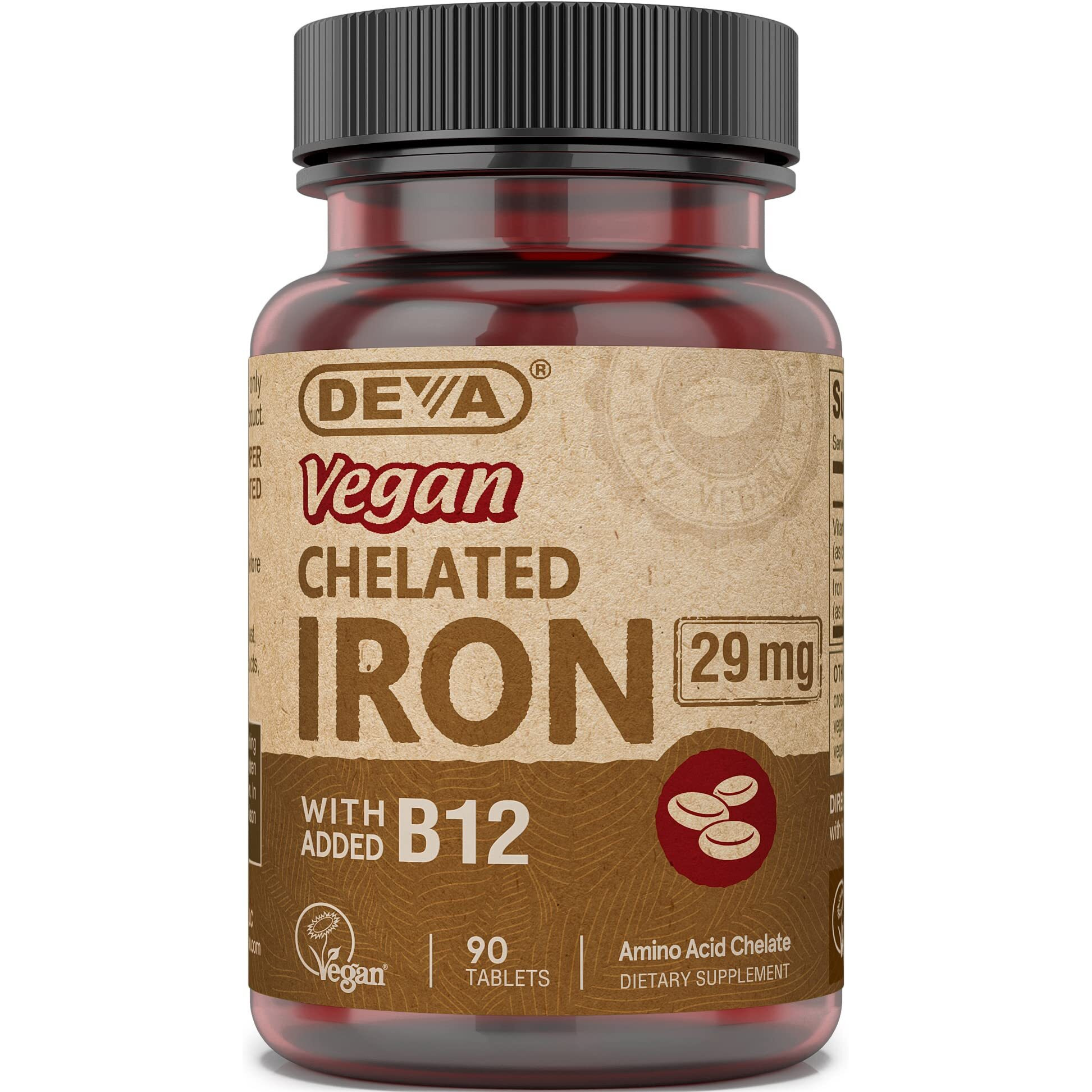 Deva Nutrition Vegan Chelated Iron 29 mg Fortified with B-12 - High Potency, Easy to Swallow - 90 Tablets, 1-Pack