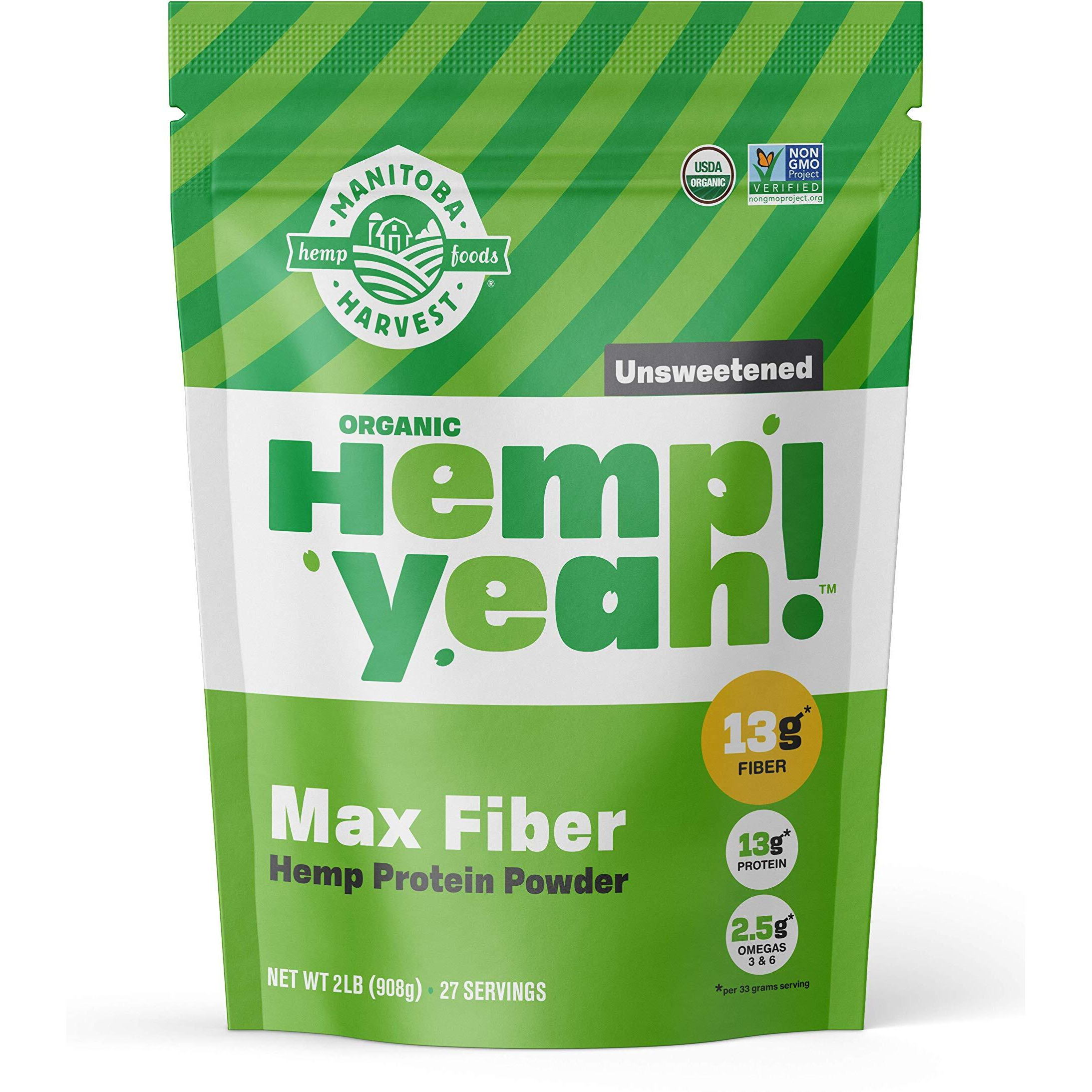 Manitoba Harvest Hemp Yeah Organic Max Fiber Protein Powder, Unsweetened, 32oz with 13g of Fiber, 13g Protein and 2.5g Omegas 3&6 per Serving, Keto-Friendly, Preservative Free, Non-GMO