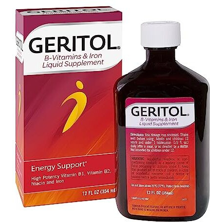 Geritol, Liquid Vitamin and Iron Supplement, Energy Support, Contains High Potency B-Vitamins and Iron, Pleasant Tasting, Easy to Swallow, No Artificial Sweeteners, Non-GMO, 12 Oz