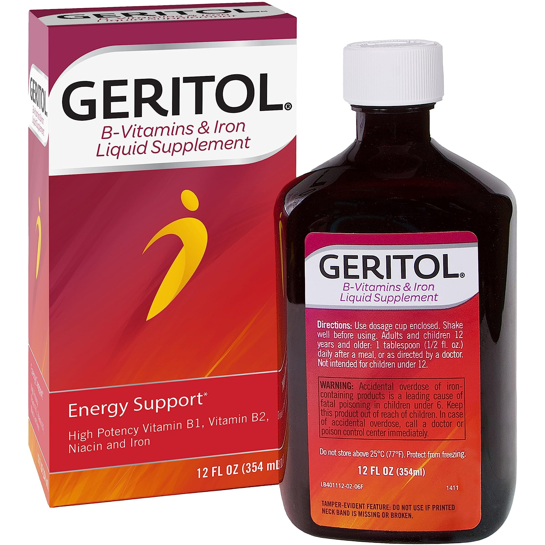 Geritol, Liquid Vitamin and Iron Supplement, Energy Support, Contains High Potency B-Vitamins and Iron, Pleasant Tasting, Easy to Swallow, No Artificial Sweeteners, Non-GMO, 12 Oz