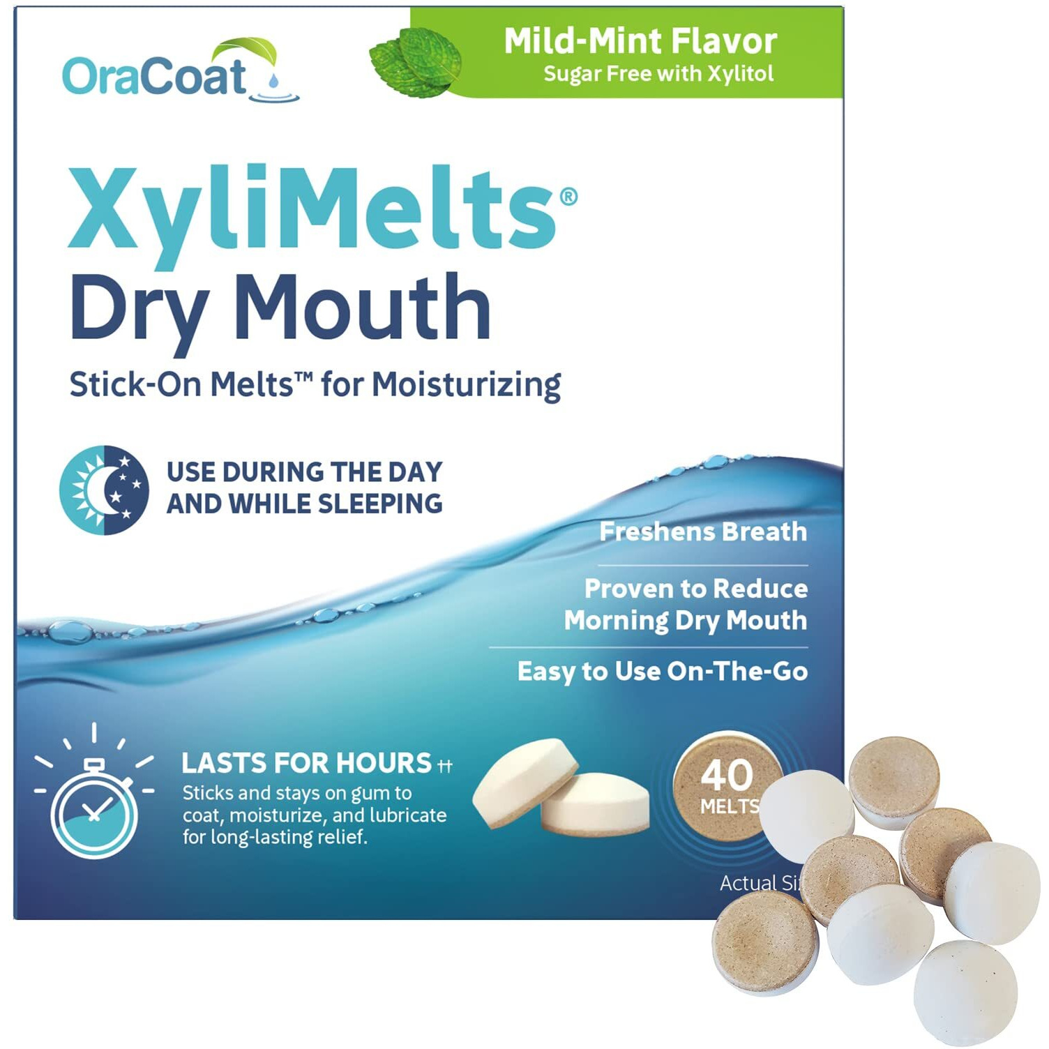 OraCoat XyliMelts Dry Mouth Relief Moisturizing Oral Adhering Discs Mild Mint with Xylitol, for Dry Mouth, Stimulates Saliva, Non-Acidic, Day and Night Use, Time Release for up to 8 Hours, 40 Count