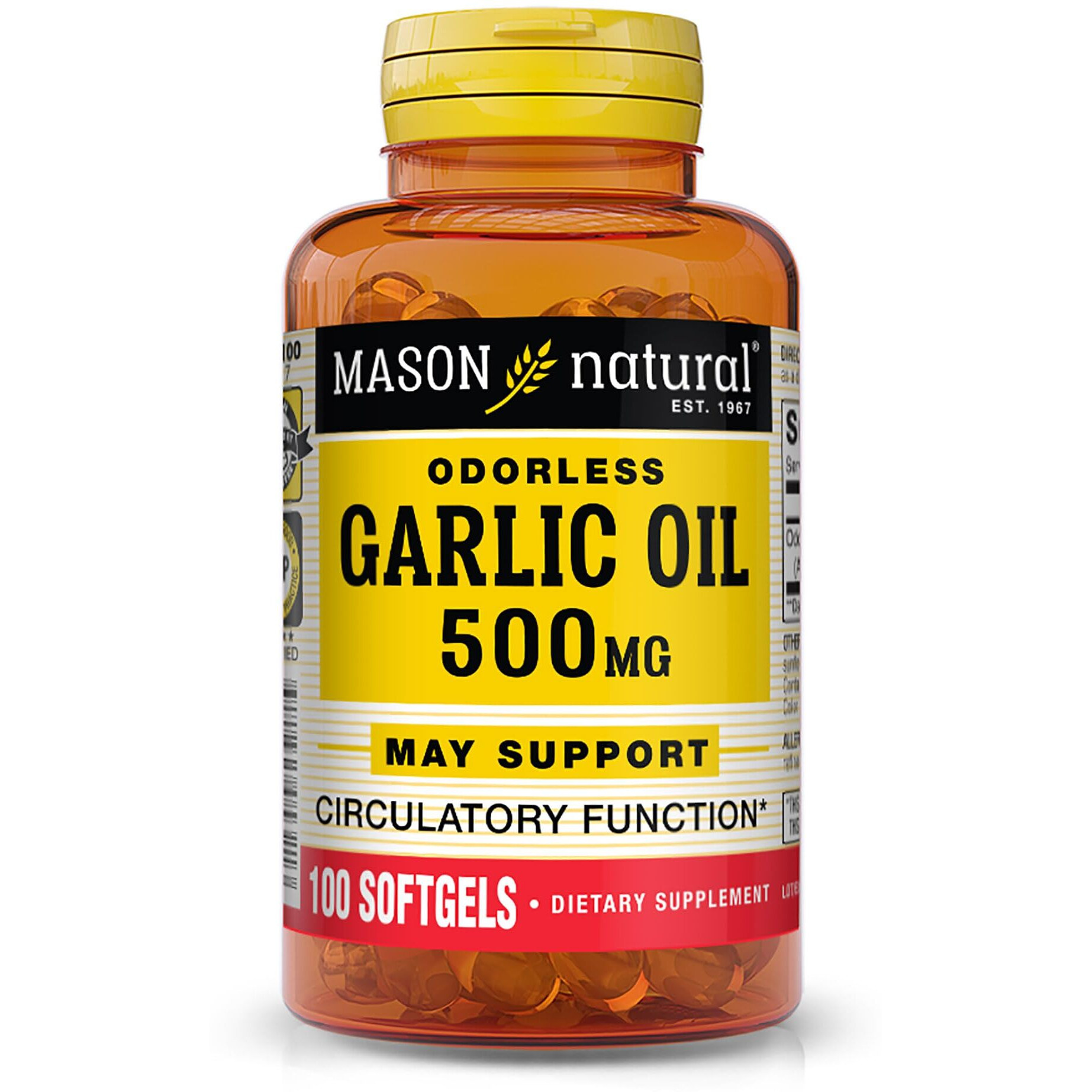 MASON NATURAL Garlic Oil 500 mg Odorless Allium Sativum Supplement - Supports Healthy Circulatory Function, 100 Softgels