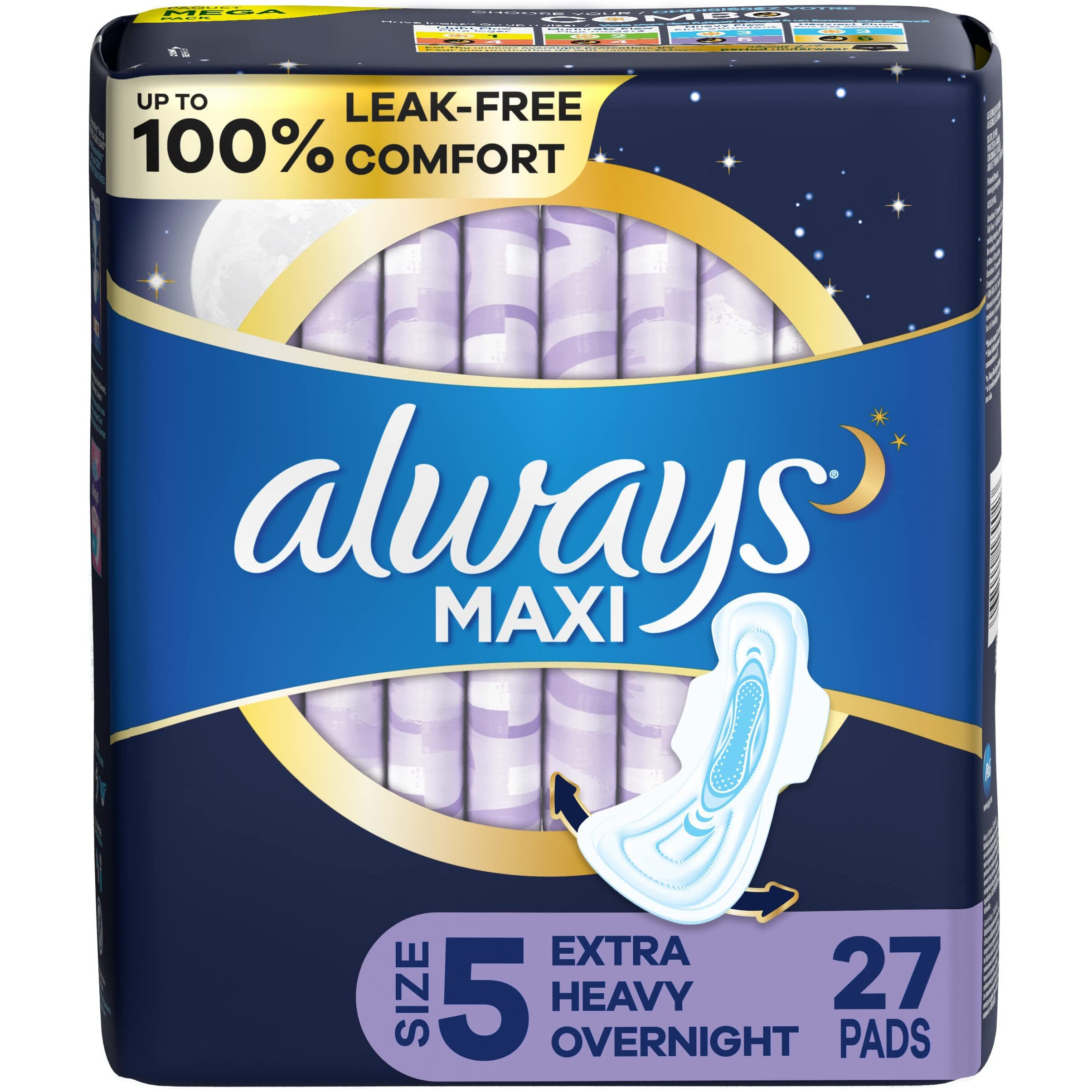 ALWAYS Maxi Size 5 Extra Heavy Overnight Pads With Wings Unscented, 27 Count