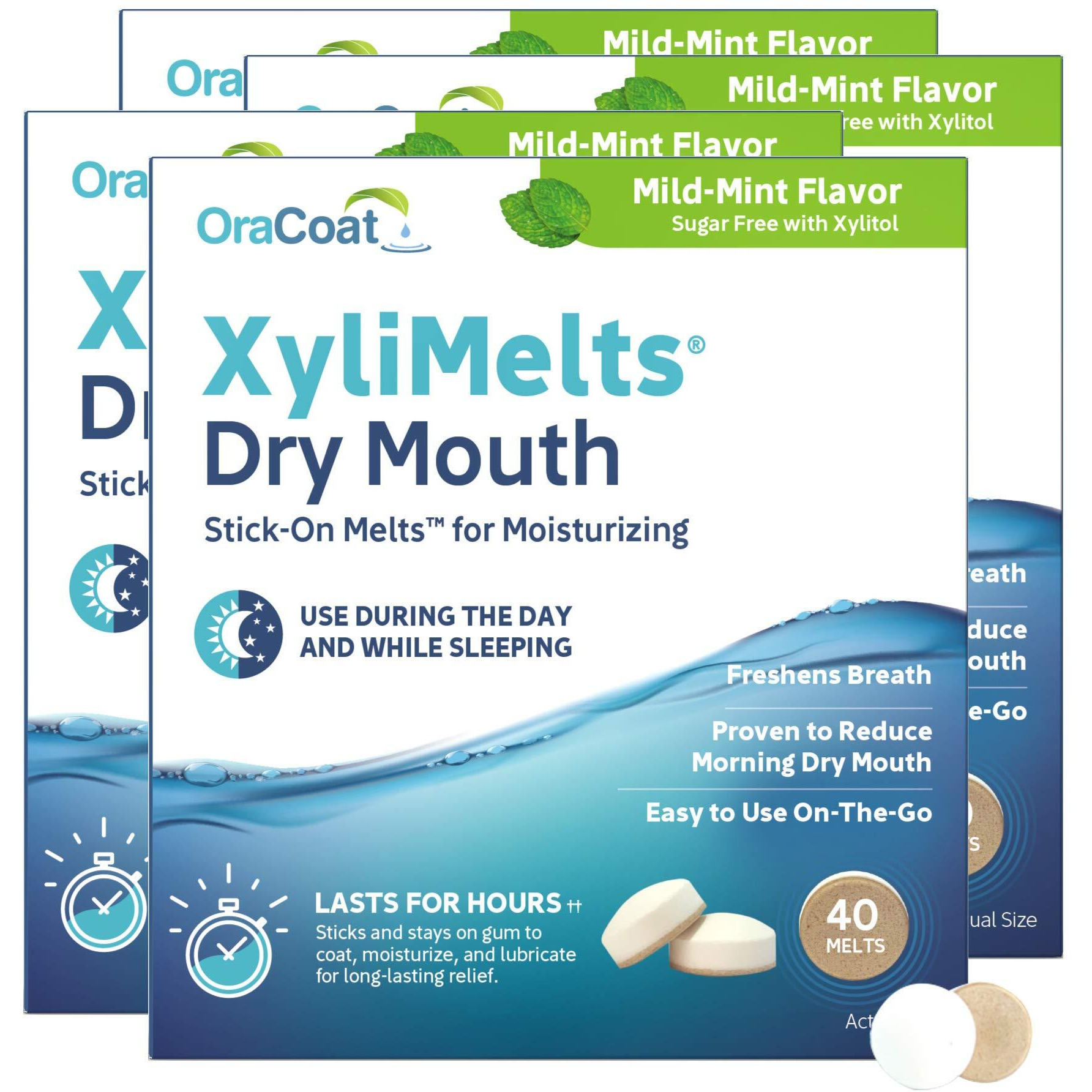 OraCoat XyliMelts Dry Mouth Relief Moisturizing Oral Adhering Discs Mild Mint with Xylitol, for Dry Mouth, Stimulates Saliva, Non-Acidic, Day and Night Use, Time Release for up to 8 Hours, 4 Pack