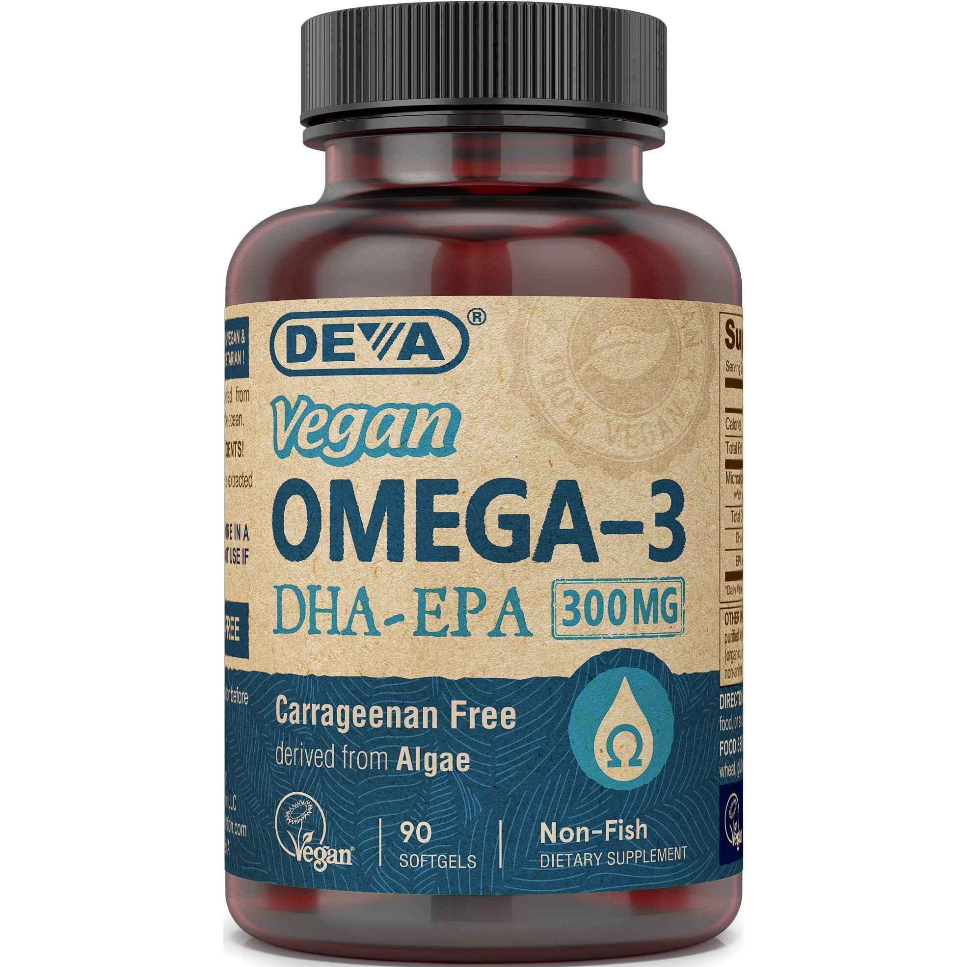 DEVA Vegan Omega-3 DHA EPA Supplement Once-Per-Day Softgel 300 MG - Carrageenan Gelatin & Gluten Free - Non-Fish Algae Oil Fatty Acids - 90 Softgels