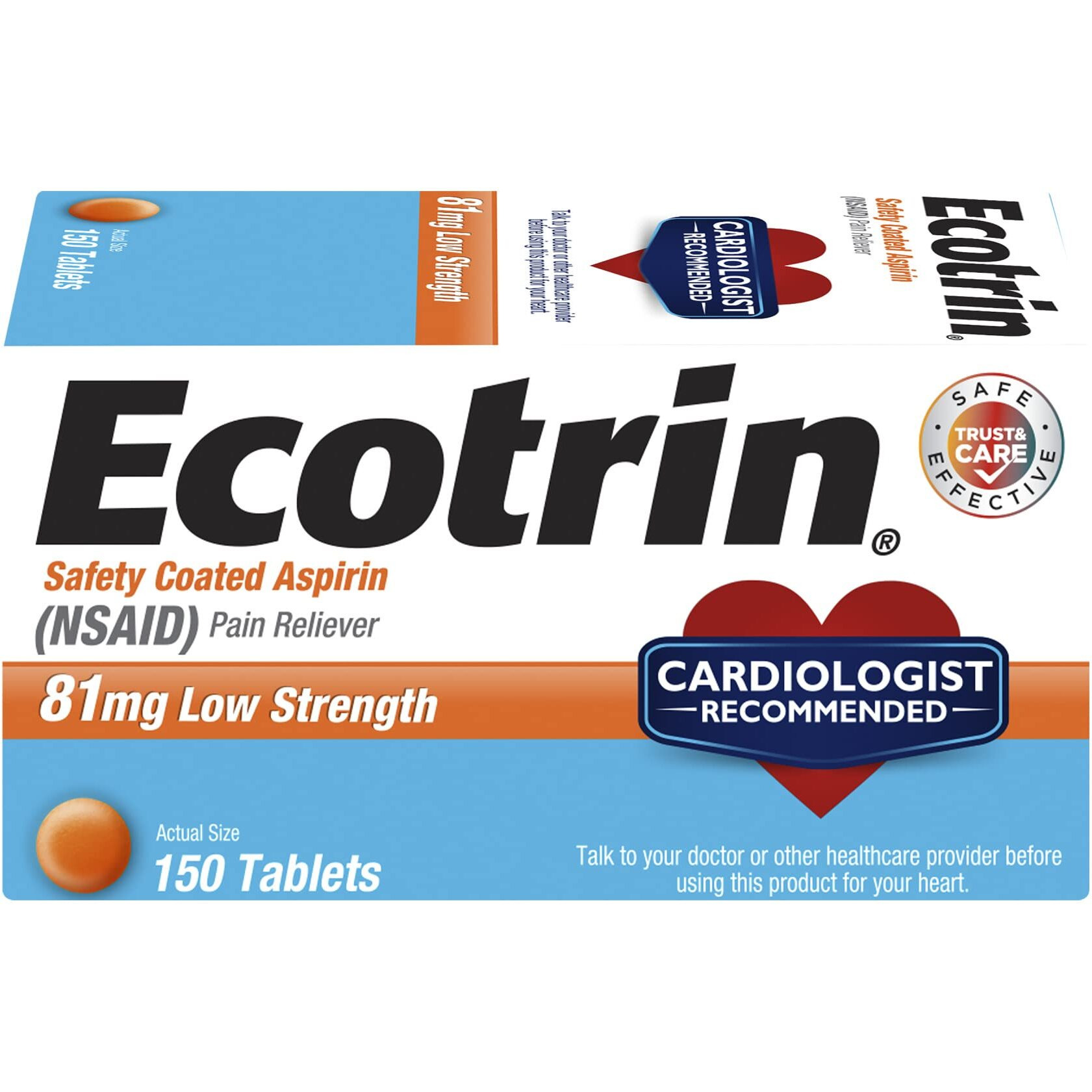 Ecotrin Low Strength Aspirin, 81mg Low Strength, 150 Safety Coated Tablets