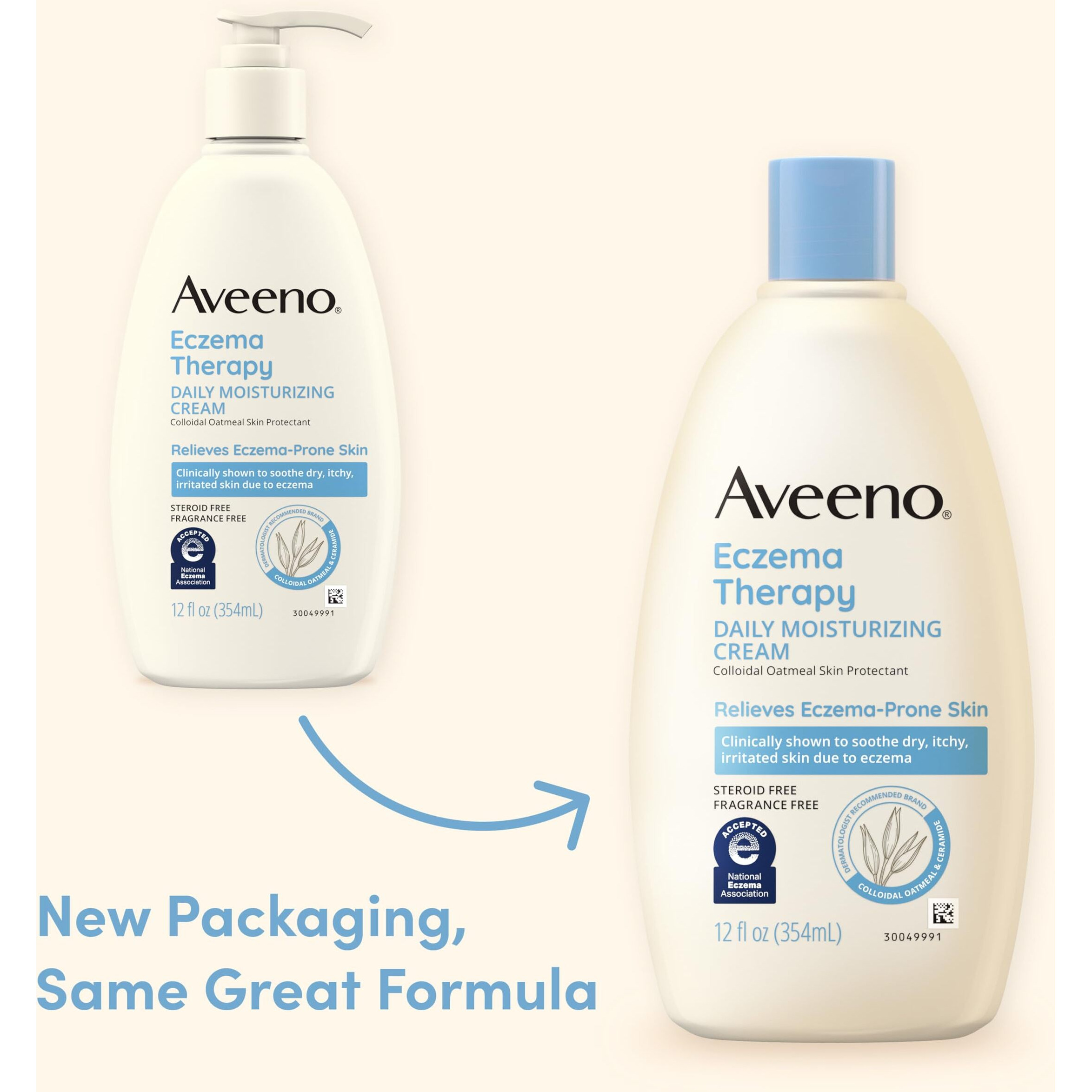 Aveeno Eczema Therapy Daily Moisturizing Body Cream for Sensitive Skin, Soothing Eczema Relief Cream, Colloidal Oatmeal & Ceramide for Dry & Itchy Skin, Steroid- & Fragrance-Free, 12 oz