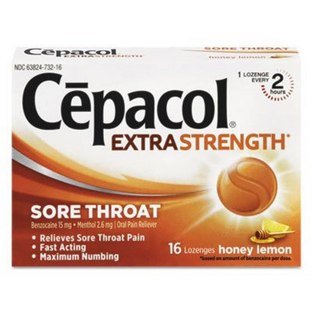 Cepacol Extra Strength Sore Throat Relief Lozenges, Honey Lemon Cough Drops, Maximum Numbing- Fast Acting Sore Throat, Mouth & Canker Sore Pain Relief with Benzocaine & Menthol, 16 Count