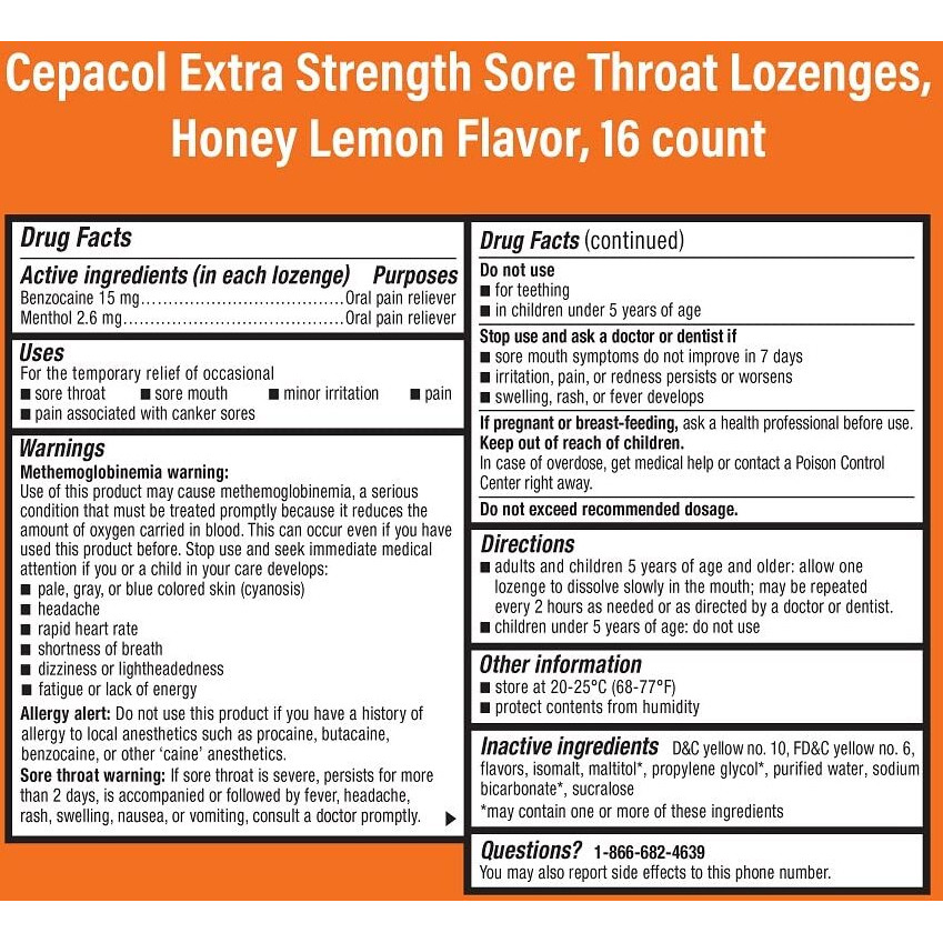 Cepacol Extra Strength Sore Throat Relief Lozenges, Honey Lemon Cough Drops, Maximum Numbing- Fast Acting Sore Throat, Mouth & Canker Sore Pain Relief with Benzocaine & Menthol, 16 Count