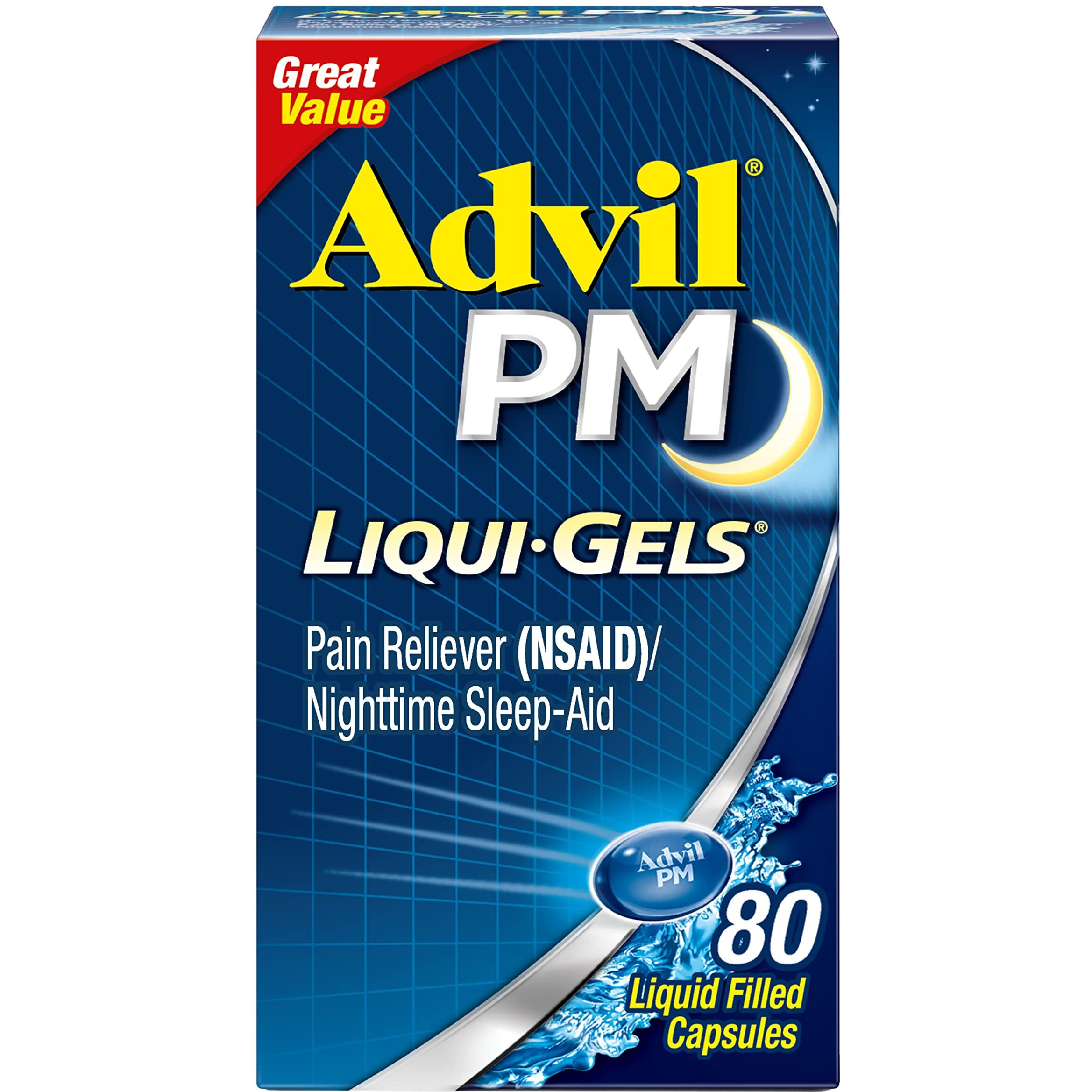 Advil PM Liqui-Gels Pain Reliever and Nighttime Sleep Aid, Pain Medicine with Ibuprofen for Pain Relief and Diphenhydramine HCL for a Sleep Aid - 80 Liquid Filled Capsules