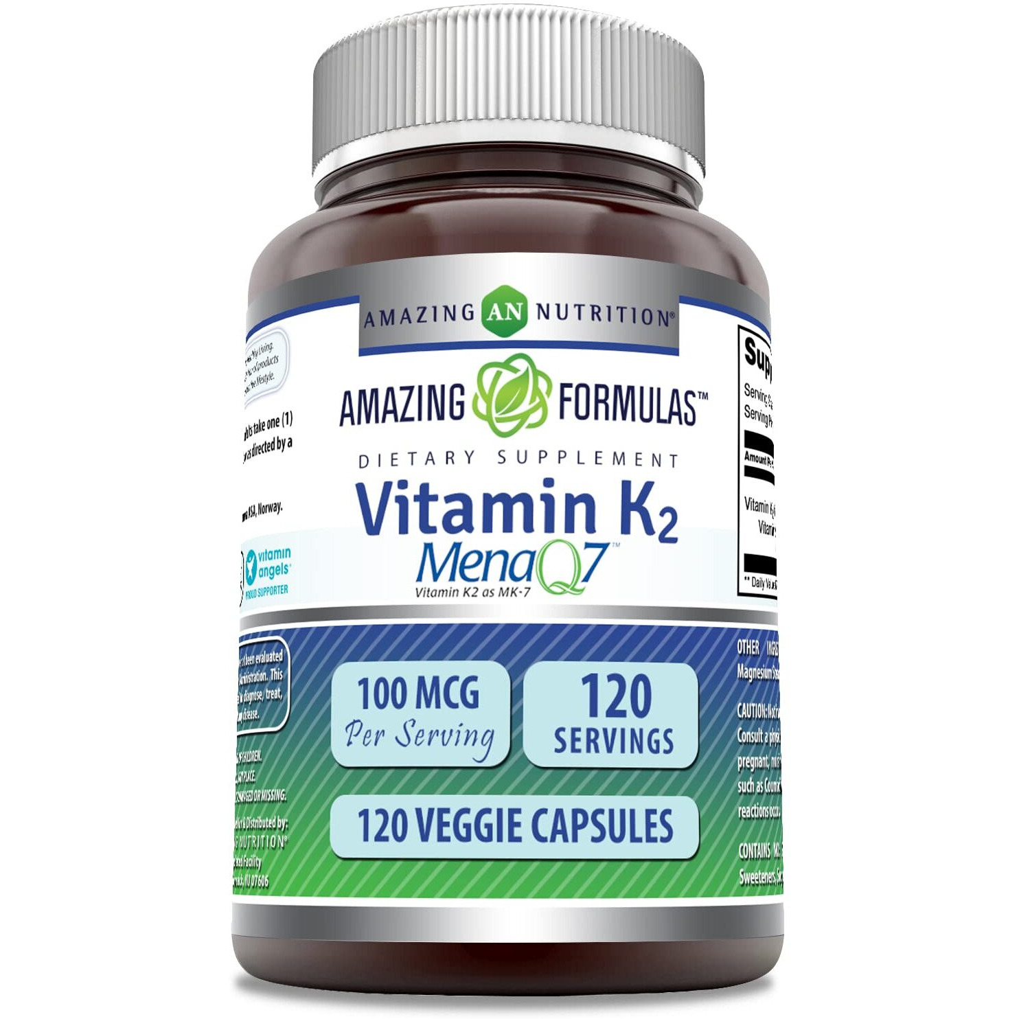 Amazing Formulas Vitamin K2 Menaq7 MK7 Supplement | 100 Mcg Per Serving | Veggie Capsules | Non-GMO | Gluten Free | Made in USA (120 Count)