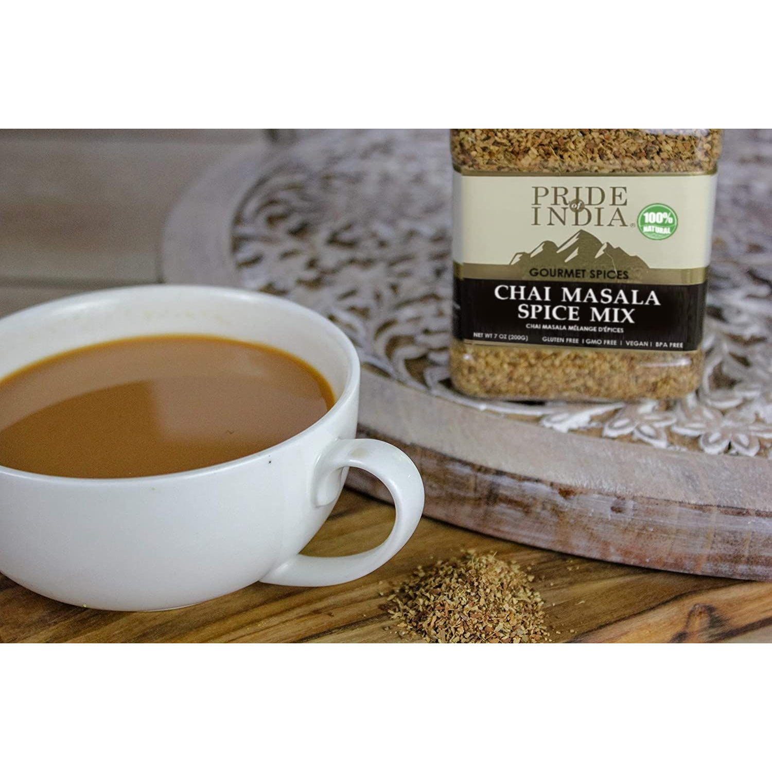 Pride of India Chai Masala Mulling Spice Mix Gourmet Spice Mix for Teas & Coffee Caffeine Free Authentic Mulling Spice Blend Vegan & Gluten-Free - Easy to Store 7oz. Medium Dual Sifter Jar(D0102HP6BCG.)