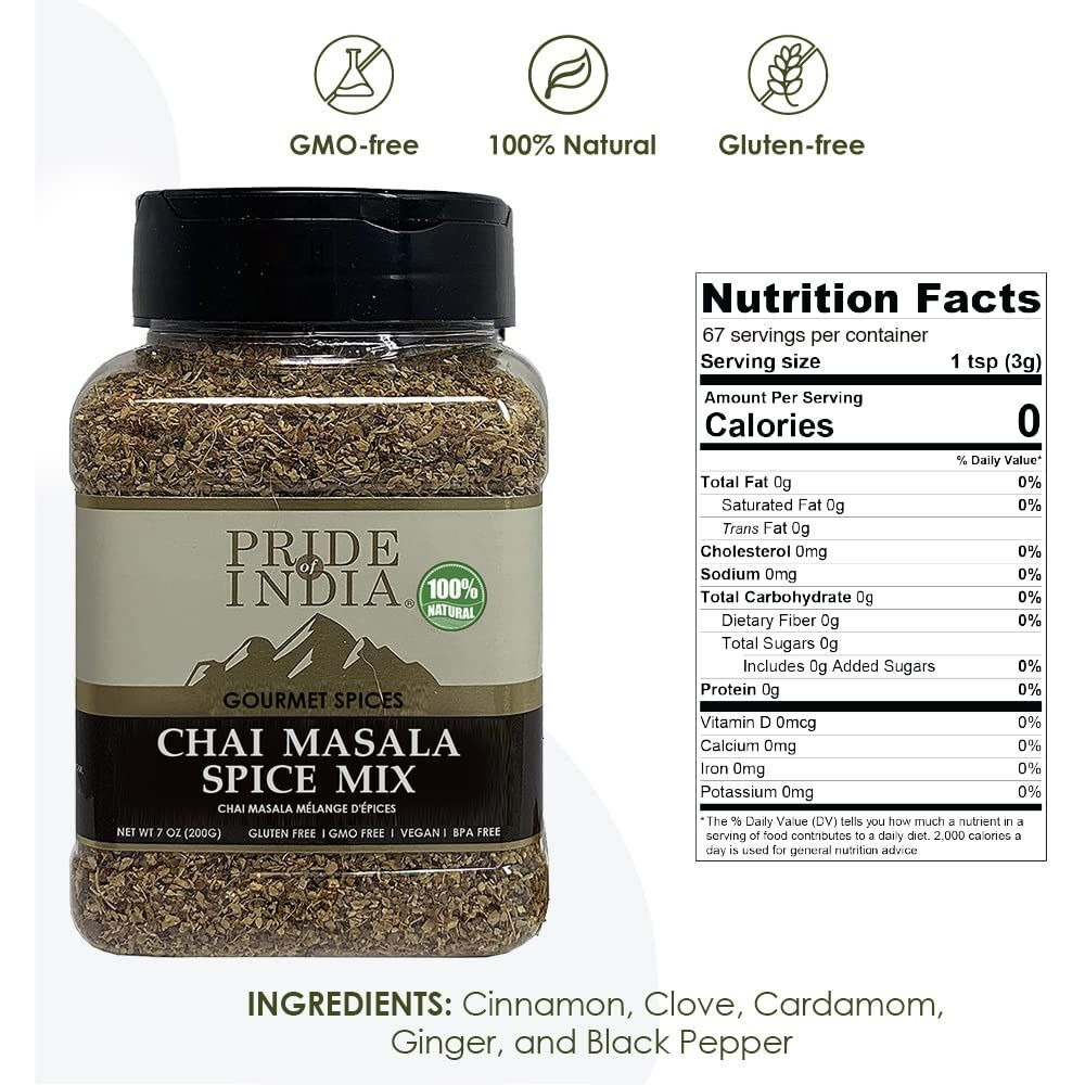 Pride of India Chai Masala Mulling Spice Mix Gourmet Spice Mix for Teas & Coffee Caffeine Free Authentic Mulling Spice Blend Vegan & Gluten-Free - Easy to Store 7oz. Medium Dual Sifter Jar(D0102HP6BCG.)