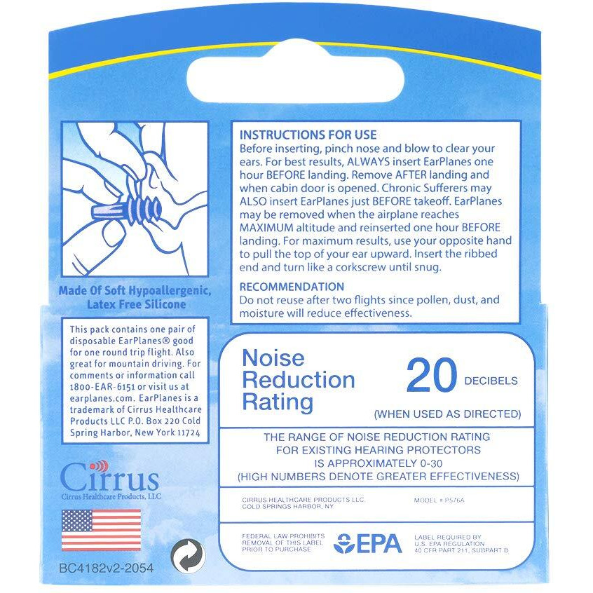 Original Adult EarPlanes by Cirrus Healthcare Earplugs Airplane Travel Ear Protection (1 Pair)