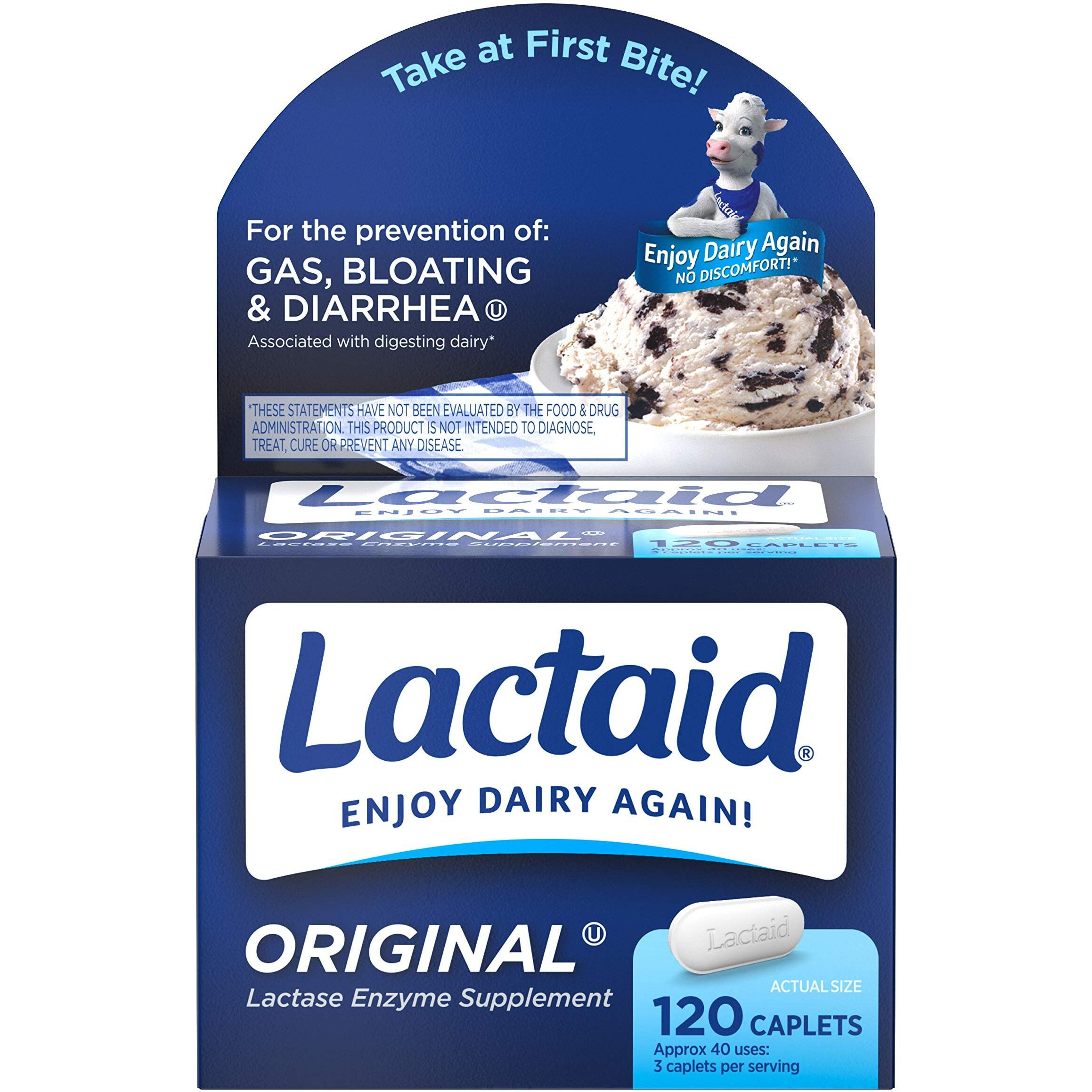 Lactaid Original Strength Lactose Intolerance Relief Caplets with Natural Lactase Enzyme, Dietary Supplement to Help Prevent Gas, Bloating & Diarrhea Due to Lactose Sensitivity, 120 ct