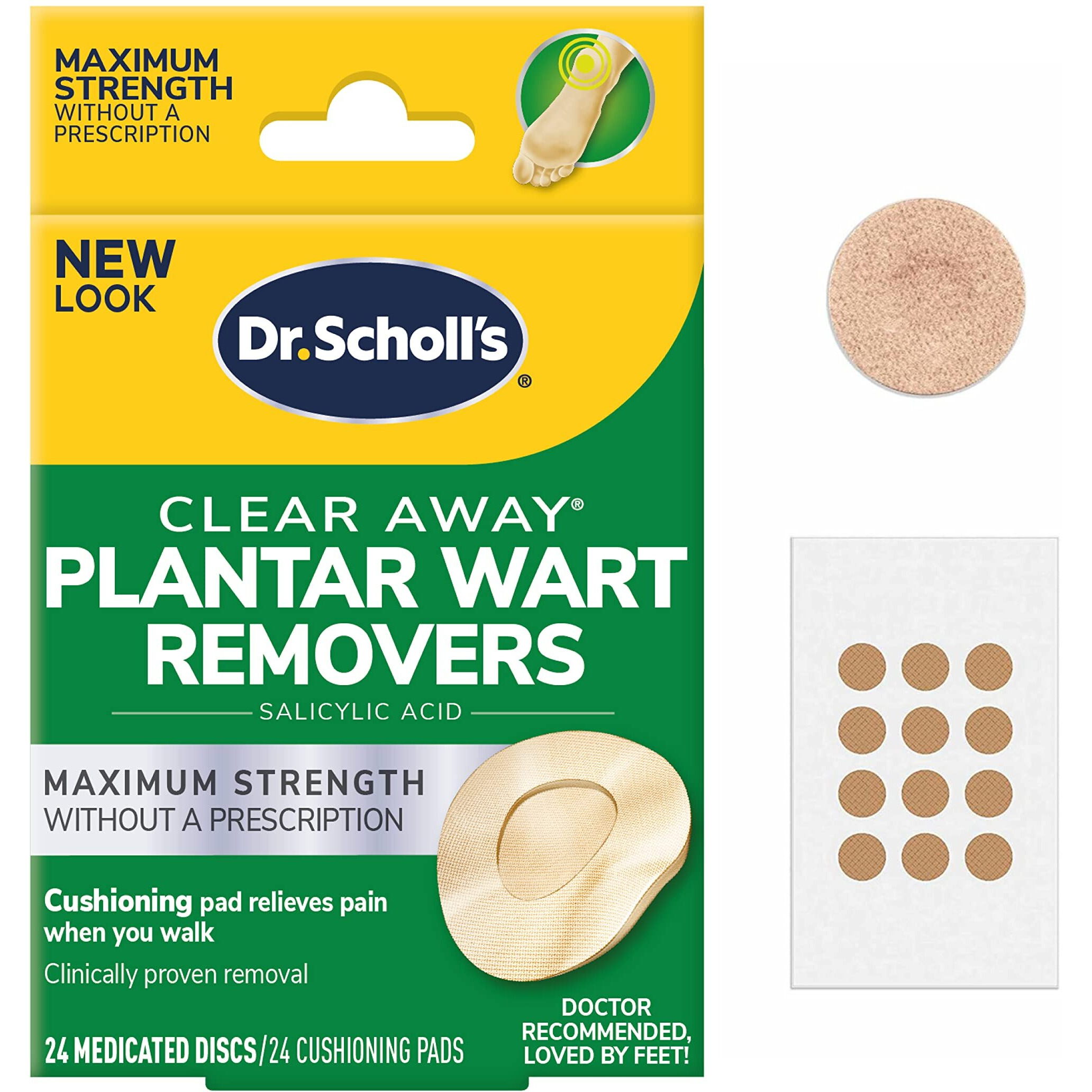 Dr Scholl's Clear Away Plantar WART Remover // 24 Discs/24 Cushions, Clinically Proven, Maximum Strength Without a Prescription, Cushioning Pad Relieves Pain, 24 Treatments